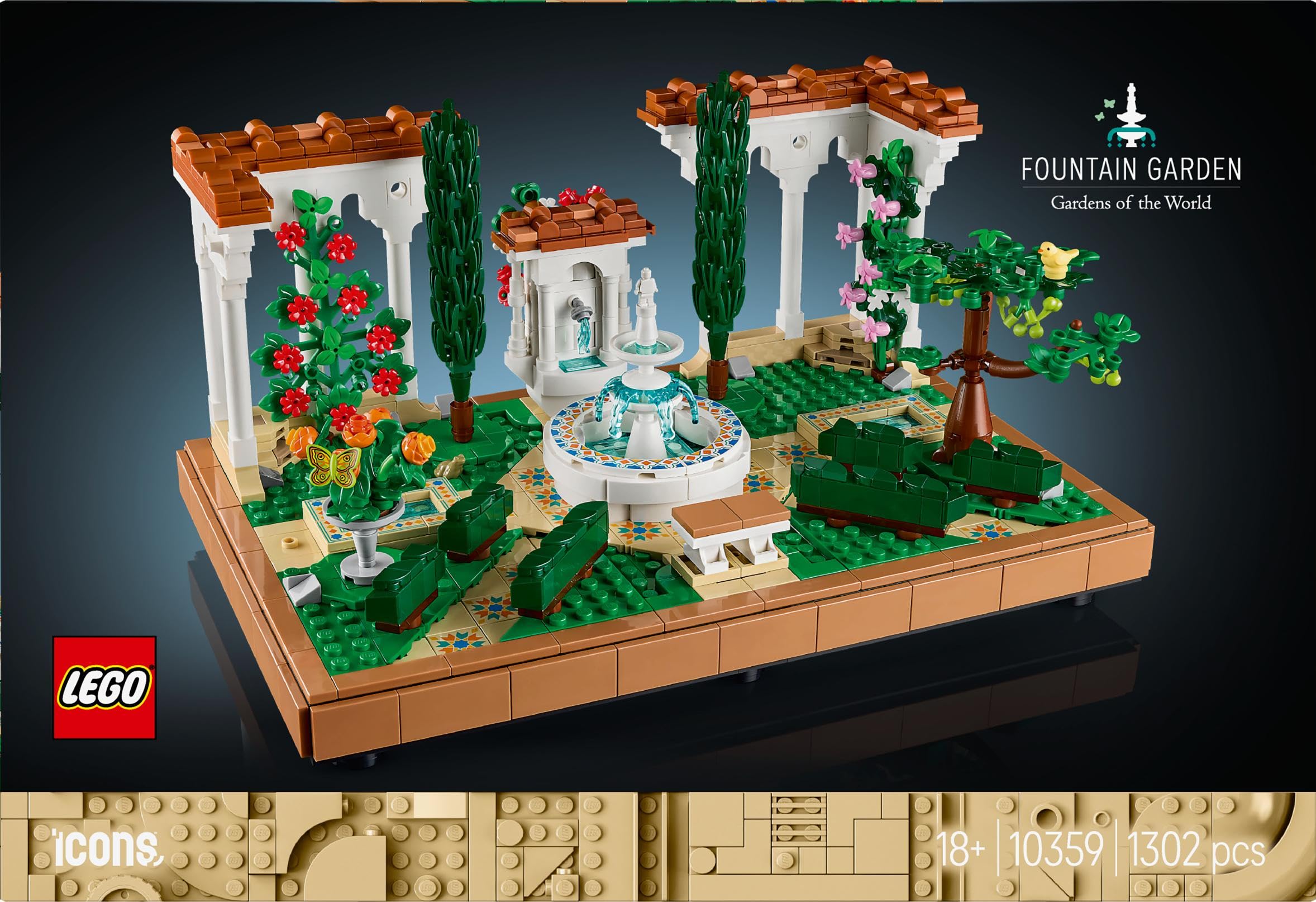 LEGO Icons Springbrunnengarten - Miniatur Bauset für Erwachsene mit Laubengängen, Zypressen, Bäumen, Weinreben, Blumen - Kreative Geschenkidee zum Geburtstag, Einweihung für Frauen, Männer - 10359