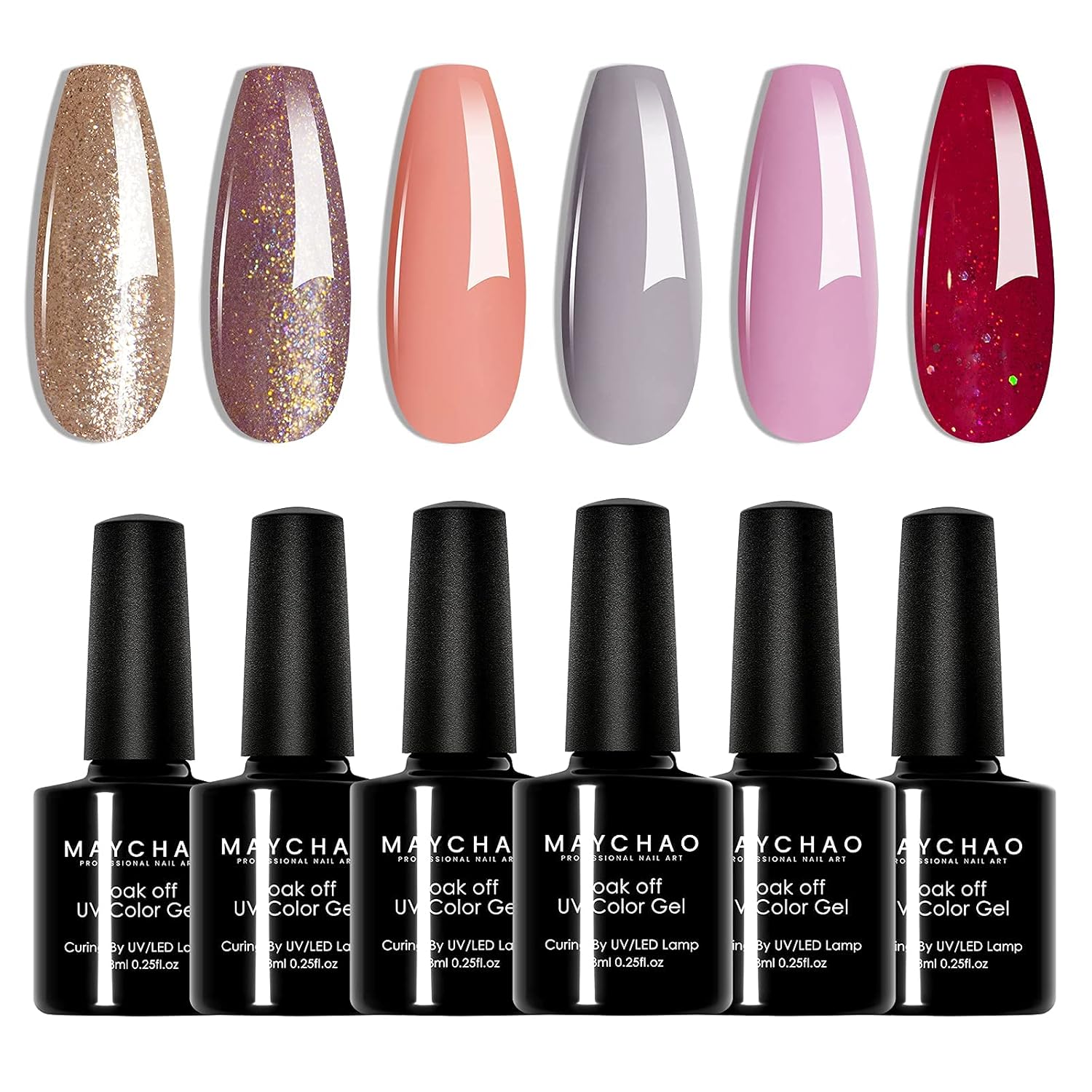 Gel Nail Kit,MAYCHAO Gel Nail Polish Kit with UV Light 48W LED Nail Lamp Nail Dryer Gold Powder Series 6 Colors Gel Nail Polish Set with Base and Top Coat Gel Nail Polish Starter Kit for All Season : Beauty & Personal Care