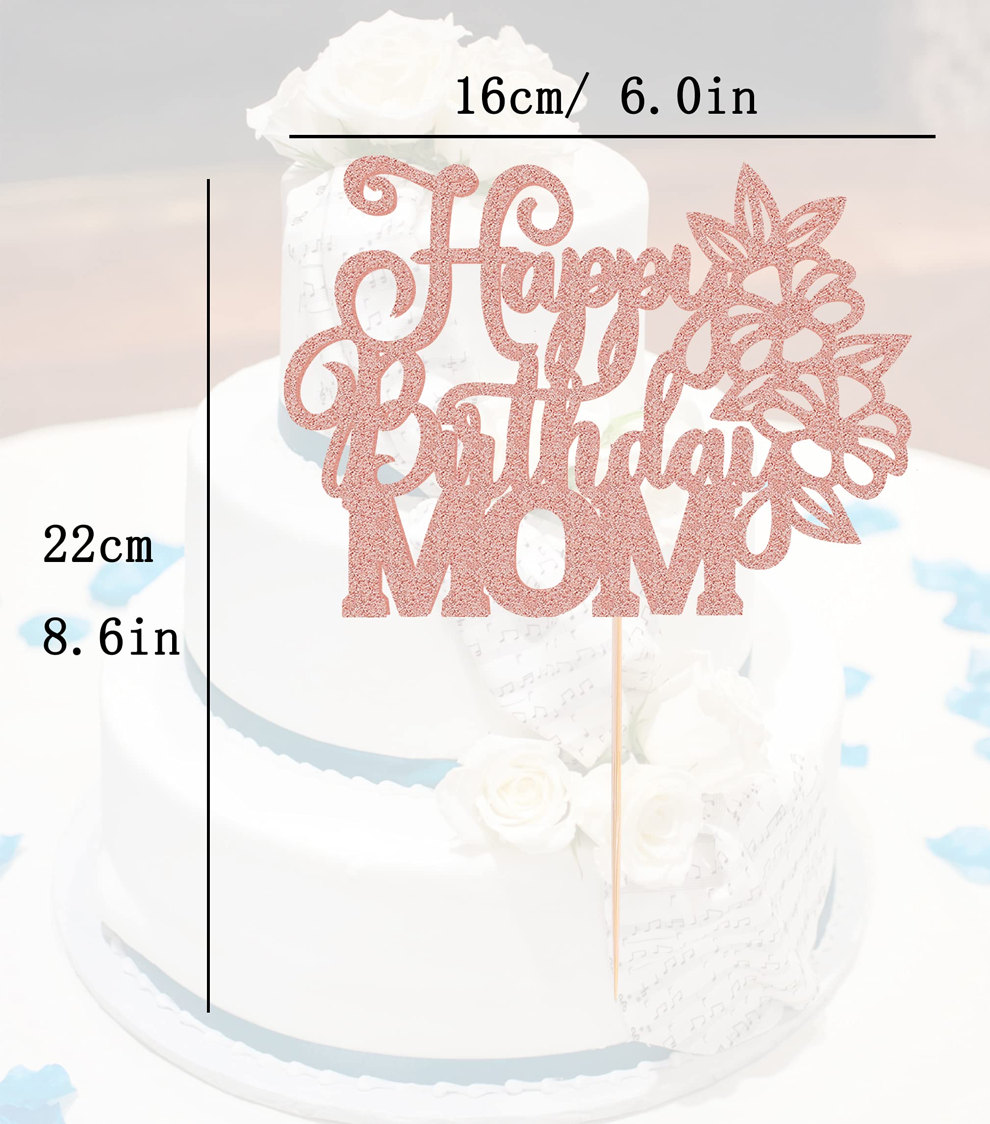 AHAORAY Happy Birthday Mom Cake Topper - Rose Gold Glitter Flower Mother's Birthday Cake Decoration Supply - Mother's Day Party Cake Topper