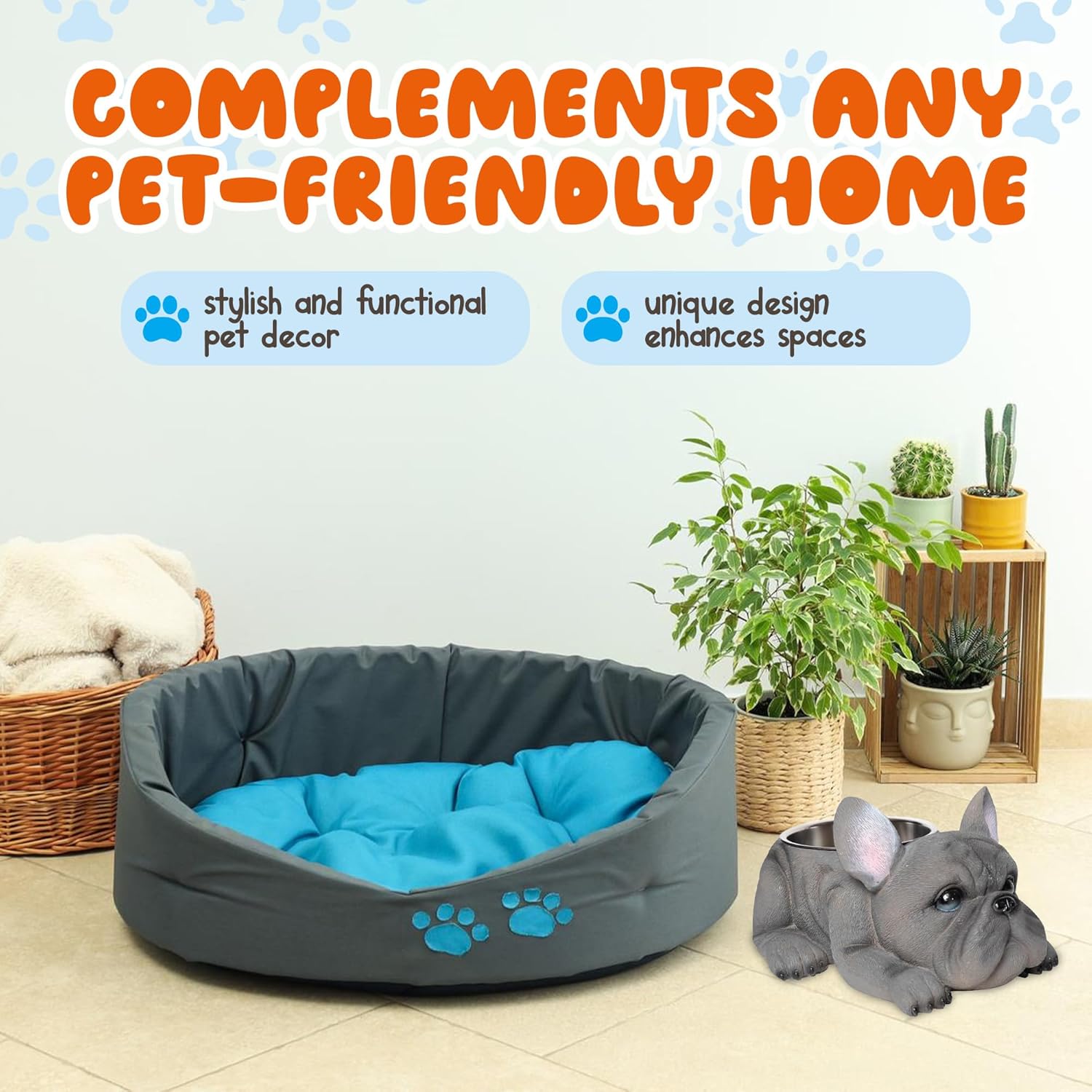 Forest & Twelfth Grey French Bulldog Resin Dog Food Bowl - Elevated Dog Bowl w/Stainless Steel Metal Bowl, Weather Resistant Pet Bowl Dog Dish, No Spill Dog Bowl for Indoor/Outdoor | 3 Cup Capacity