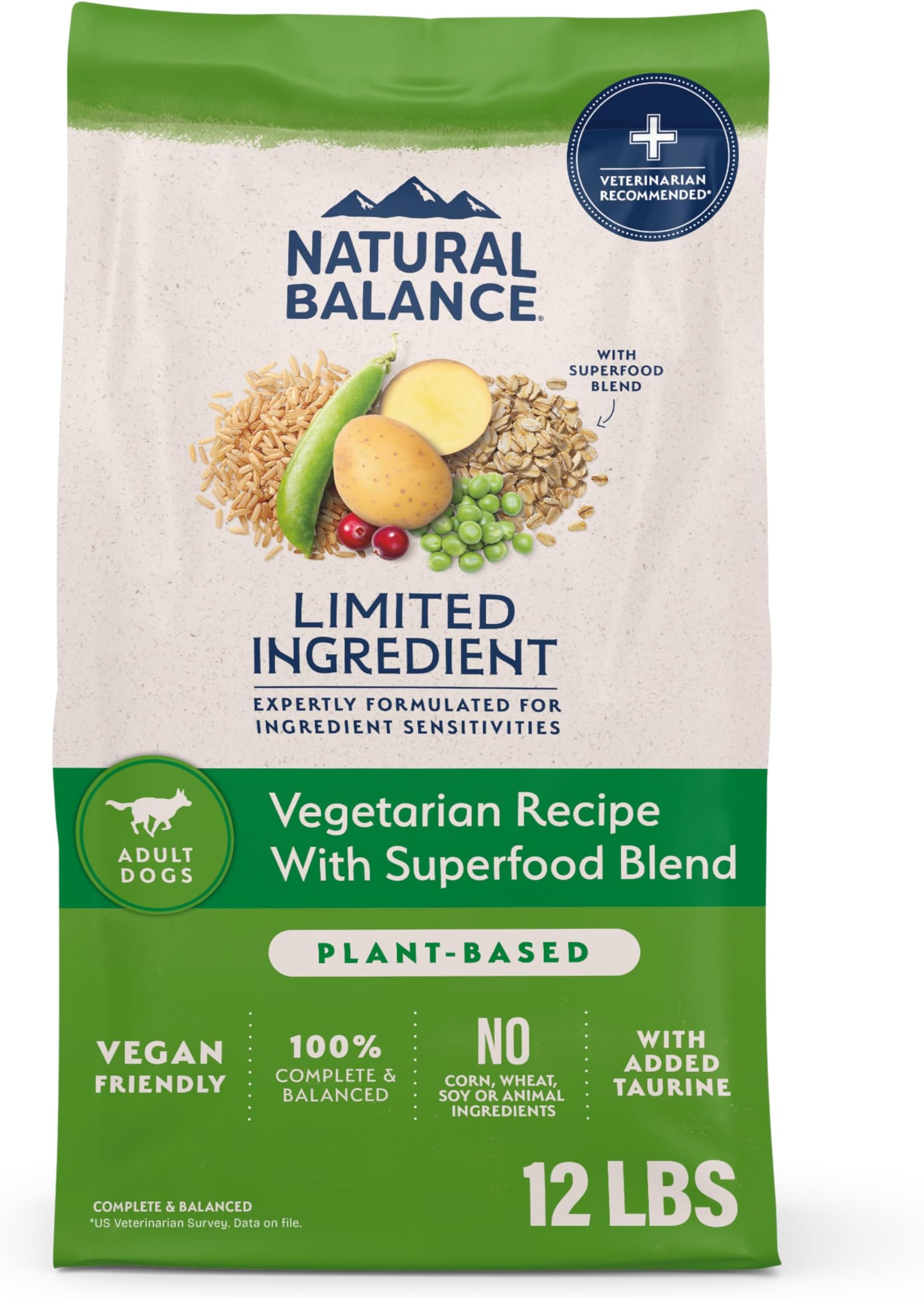 Limited Ingredient Adult Dry Dog Food with Vegan Plant Based Protein and Healthy Grains, Vegetarian Recipe, 12 Pound (Pack of 1)
