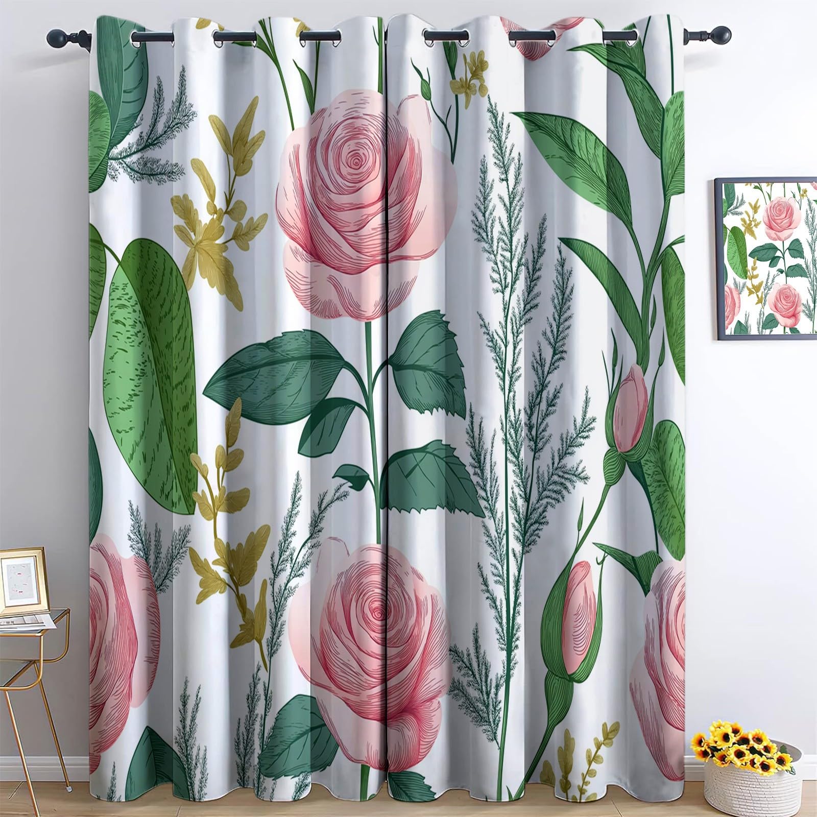 Zielone zasłony zaciemniające, 140 x 250 cm, vintage botaniczne róże, izolacja termiczna, dźwiękoszczelne i redukujące hałas, do salonu, sypialni i pokoju dziecięcego, zasłony zaciemniające z oczkami