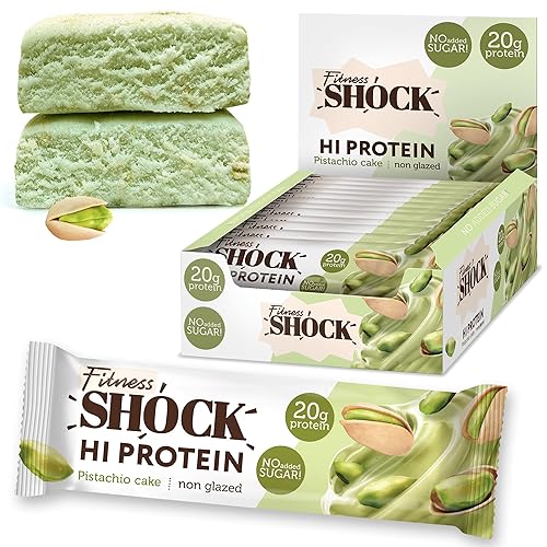 FitnesSHOCK High Proteinriegel Set mit hohem 20g Proteingehalt Eiweißriegel ohne Zuckerzusatz kalorienarm low carb ballaststoffreich Pistazien-Kuchen Geschmack 12Stk 60g