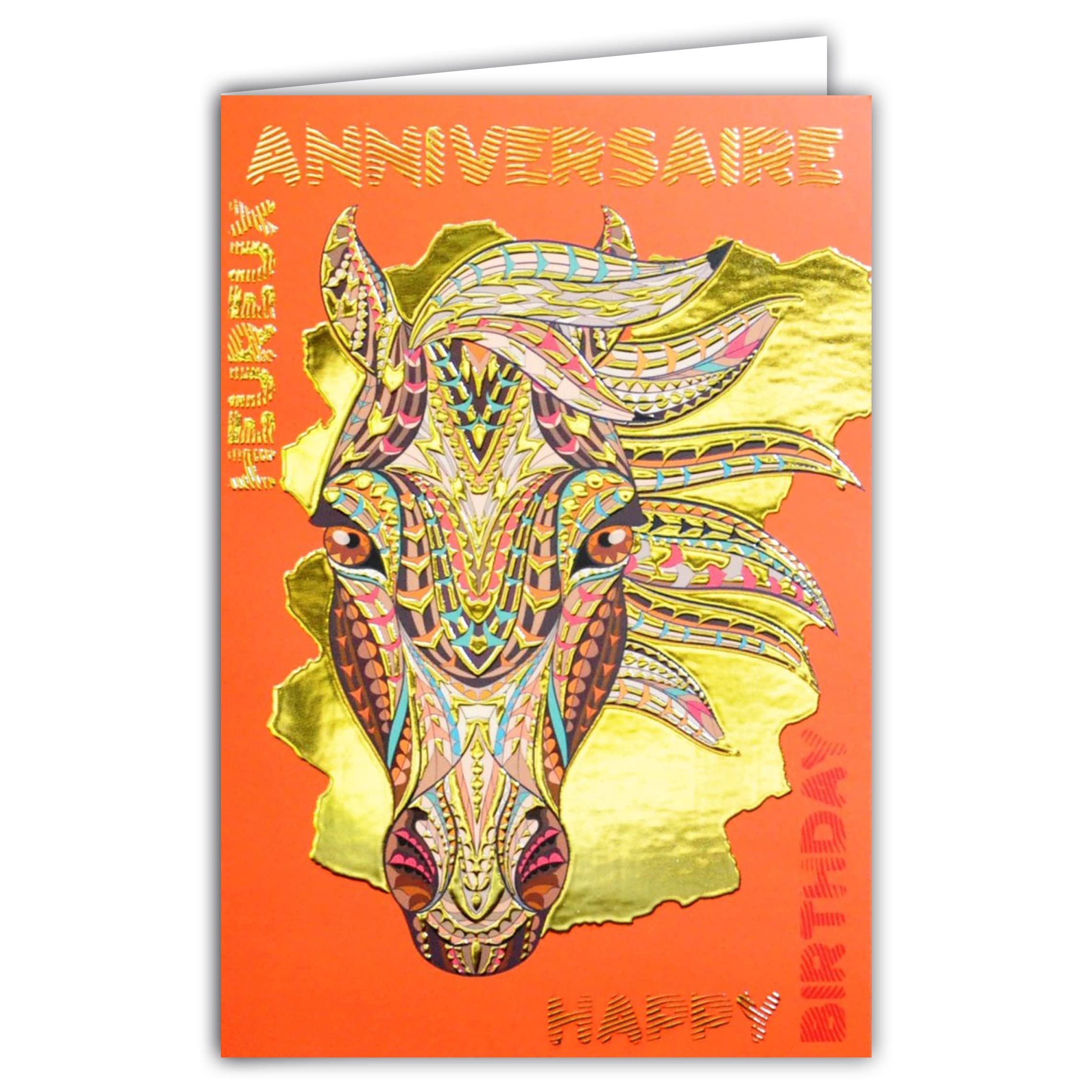 AFIE Happy Birthday Double Card with Gold Gilding Horse Motif - Best Wishes - Envelope Included - Original Message - Made in France 69-4018