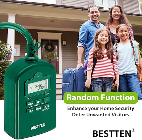 Vista 3 de BESTTEN Temporizador programable digital para exteriores de 7 días con reloj y botón pulsador, temporizador de cuenta regresiva con dos tomas