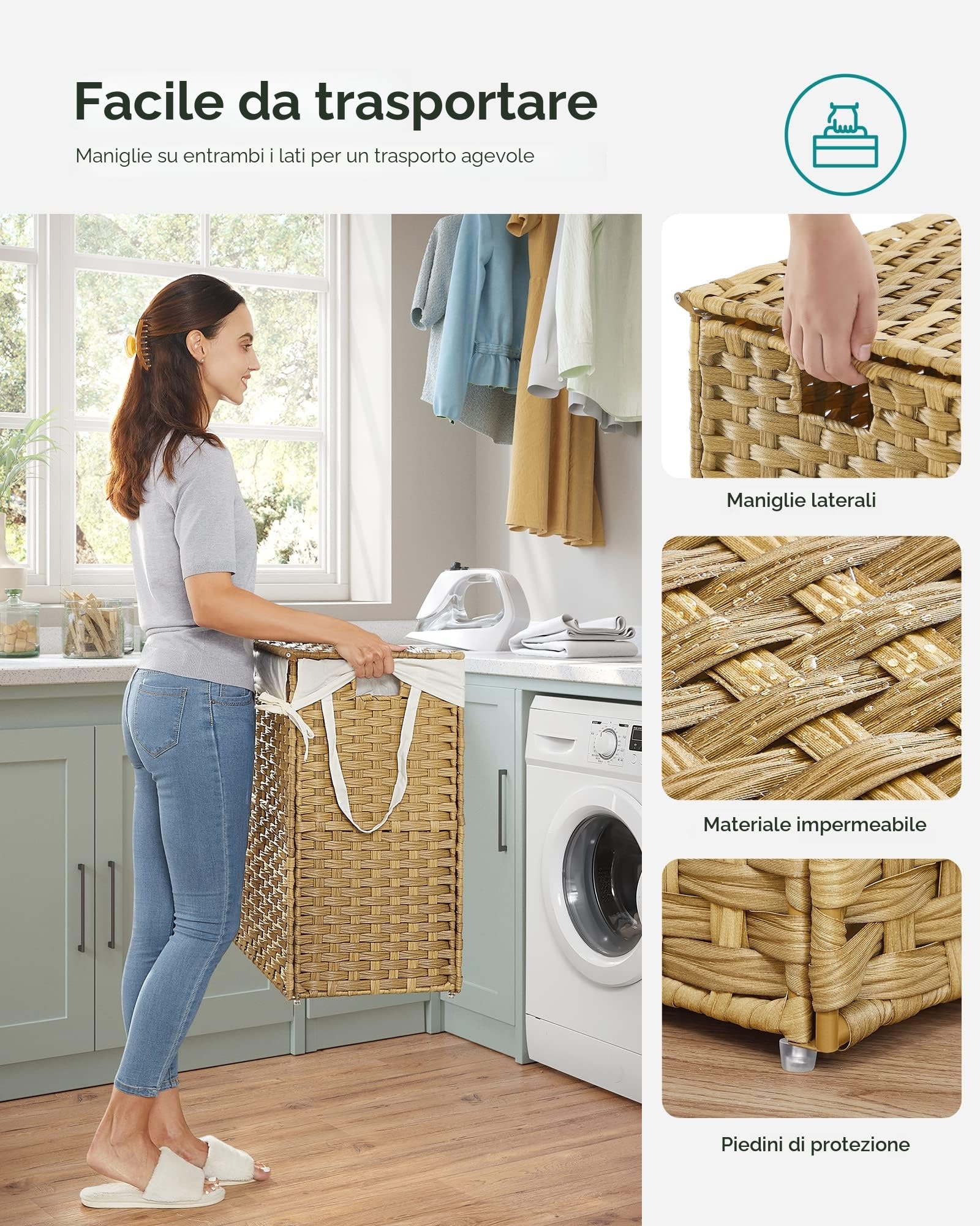 SONGMICS Cesto portabiancheria con coperchio, cesto per biancheria da 90 l, con 2 sacchetti rimovibili e 6 sacchetti in rete, cesto portabiancheria in vimini, doppio cesto portabiancheria per bagno,
