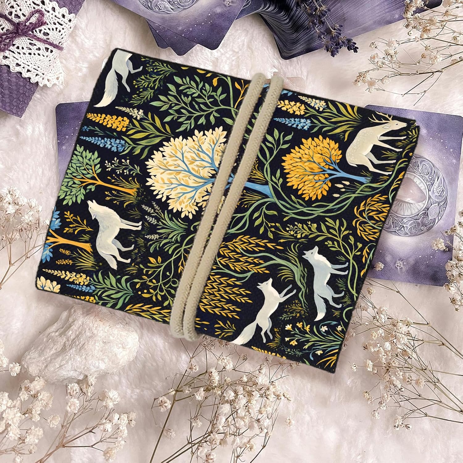 GLOBLELAND 2 Pcs Forest Animals Tarot Card Holder Trees Mushrooms Polyester Tarot Magic Divination Deer Fox Squirrel Large Storage Pouch Accessories for Playing Cards and Tarots