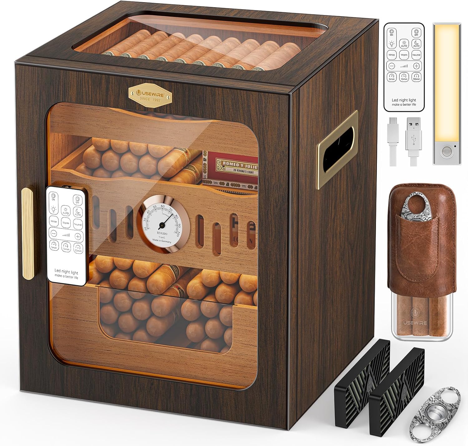 Cigar Humidor, LED-Lit Cigar Cabinet, Includes Acrylic Cigar Case and Cigar Cutter, Features Remote Control, Hygrometer, and Dual Humidifiers, Holds 80-120 Cigars, Men's Cigar Humidor Box Gift