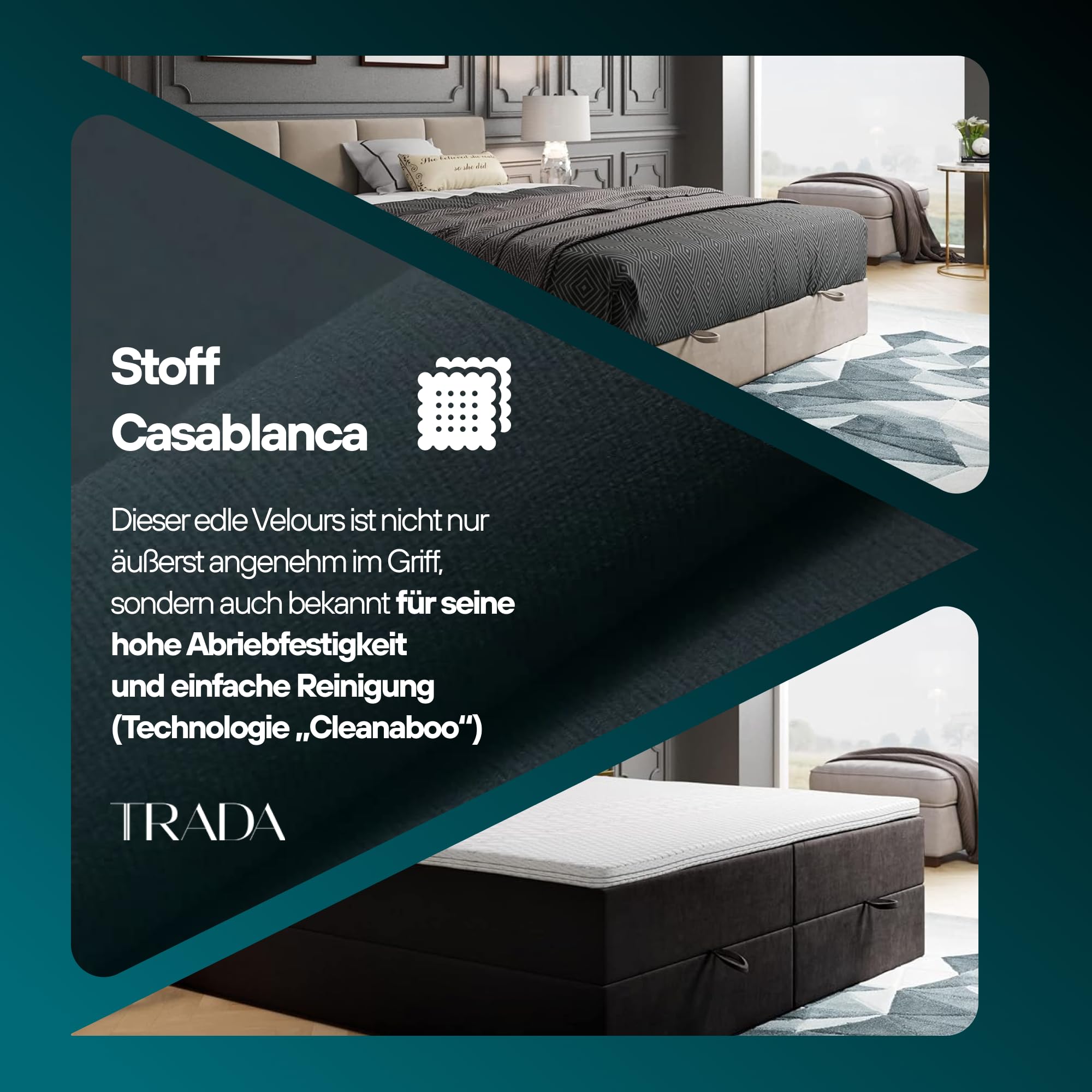 TRADA Boxspringbett 180x200 cm mit Bettkasten & Bonellmatratze, Dunkelgrau | Modell ROYAL, Elegant Bett mit Topper