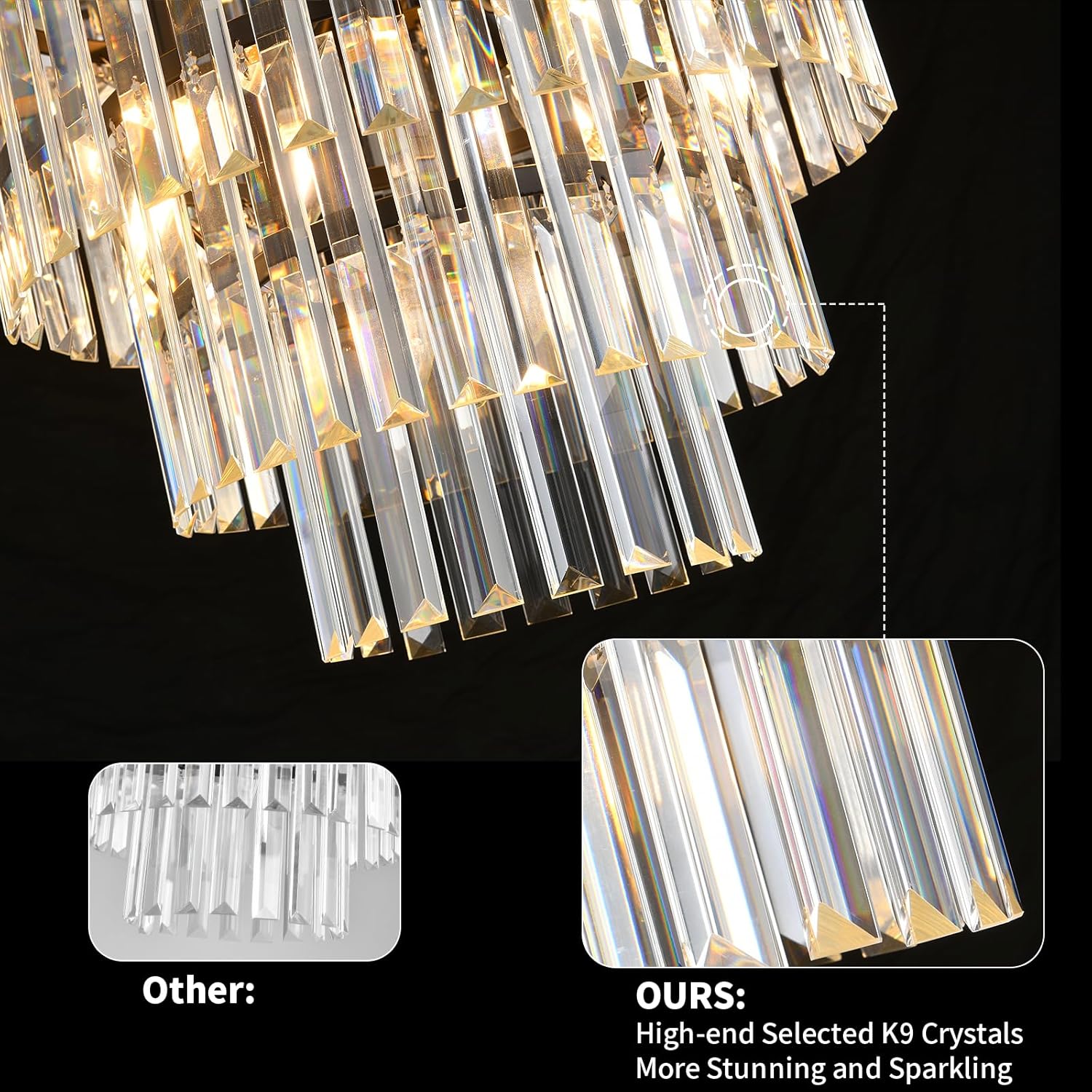 Modern Crystal Chandelier, Black Crystal Ceiling Chandelier Adjustable Ceiling Fixture for Living Room Bedroom, Long Hallway Entrance