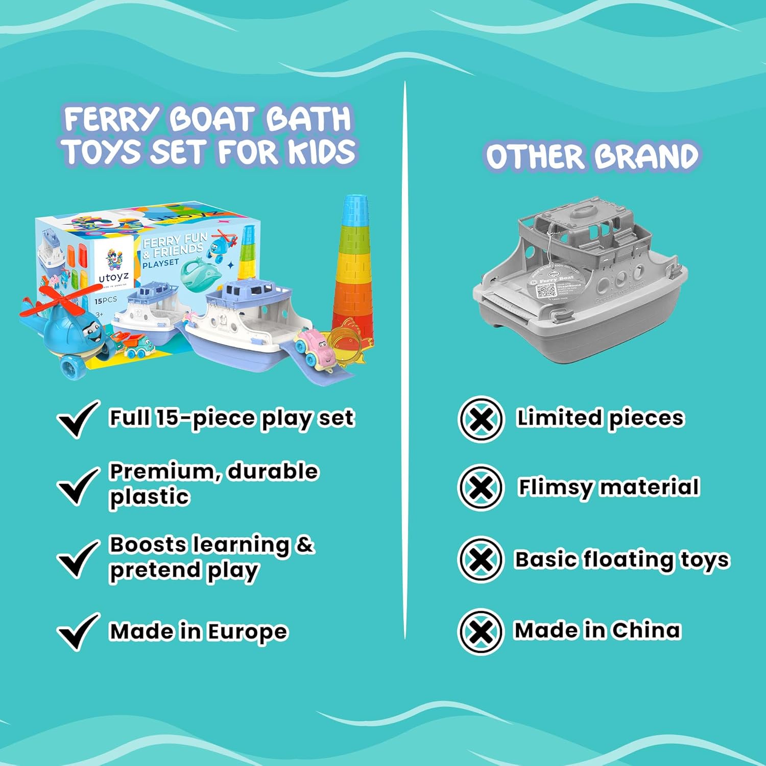 Ferry Fun & Friends – 15pcs & Baby Bath Toys with Ferry Boats, Cars for Bathtub, Trucks, Helicopter, Stacking Cups & Toy Animals, Toddler Bath Toys for 1 Year Old, Toddler Pool Boat Baby Toy