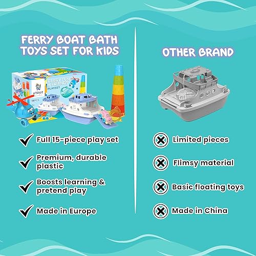 Miniatura 7 de Juego de 15 juguetes de baño de ferry para niños, incluye ferry, autos, camiones, helicóptero, tazas apilables y animales de juguete para bebés