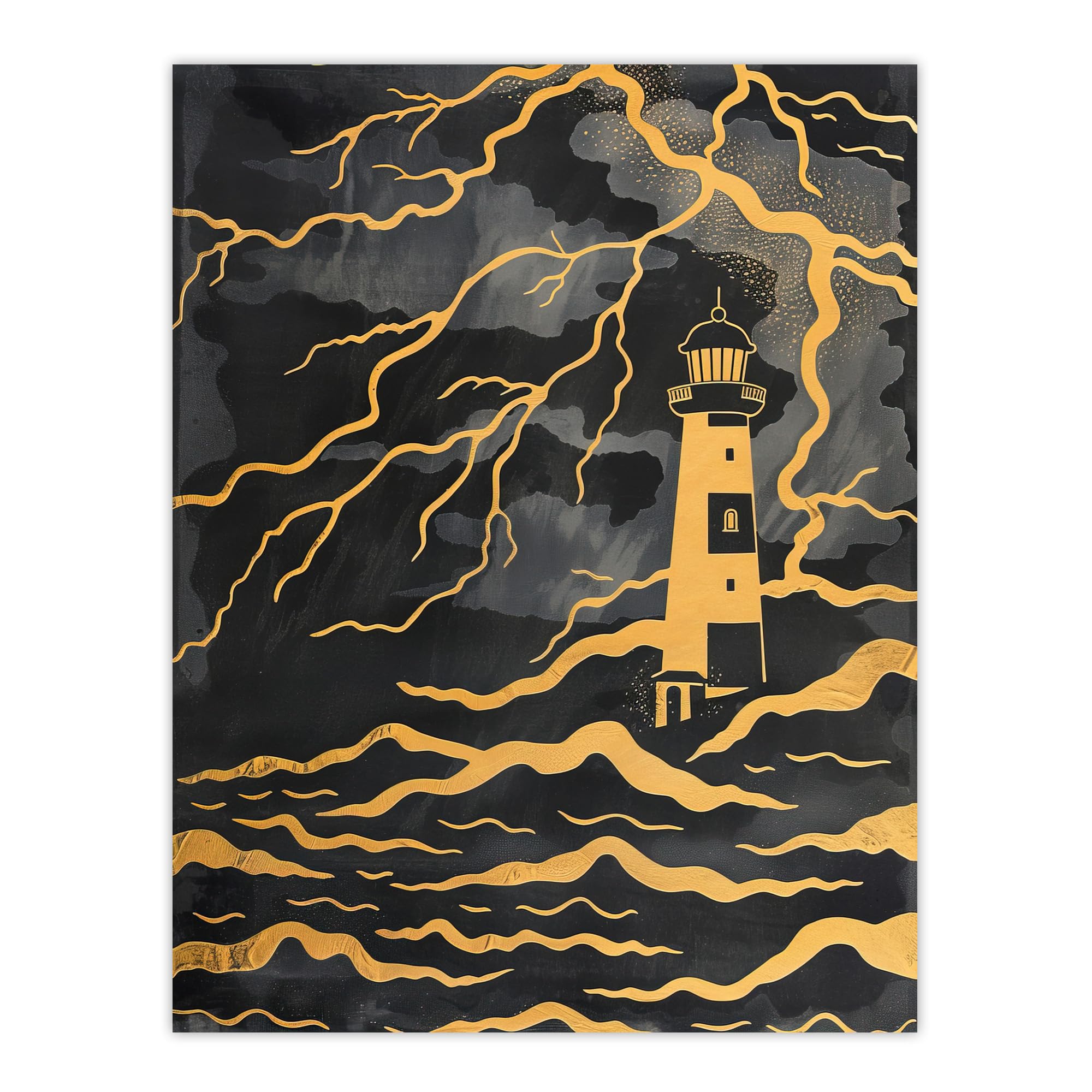 Artery8 - Wall Art Print - Lighthouse Lightning Storm - Gold Contrast - W18" x H24"