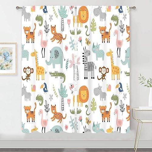 Miniatura 6 de MESHELLY Cortinas de safari para niños, 42 pulgadas de ancho x 63 pulgadas de alto, bolsillo para barra, lindos animales de dibujos animados