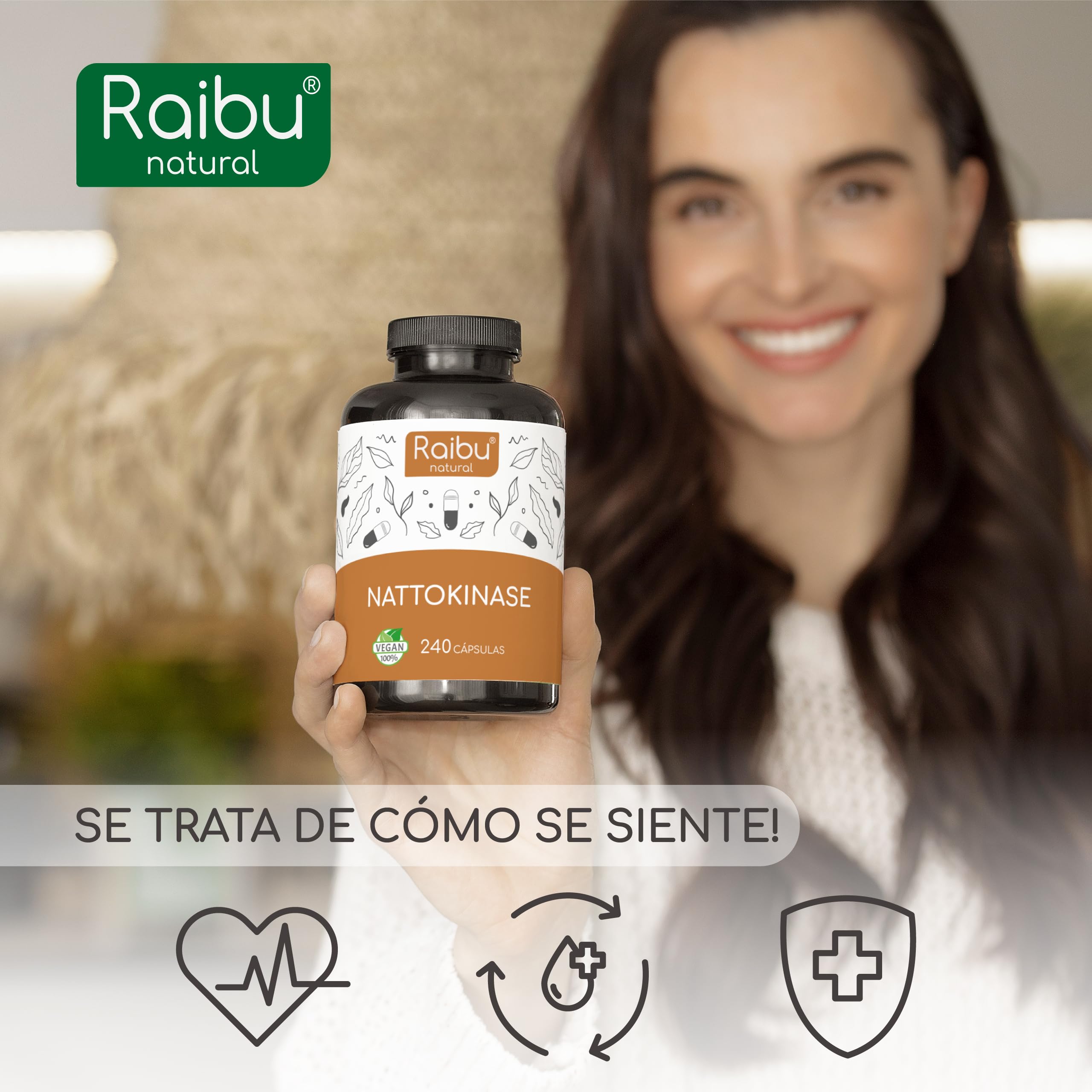 Raibu Nattokinase 240 Cápsulas - 100 mg de Alta Potencia (20.000 FU/g) - Suministro para 8 Meses & Vegano - Natto de Soja - Pureza y Calidad Certificadas