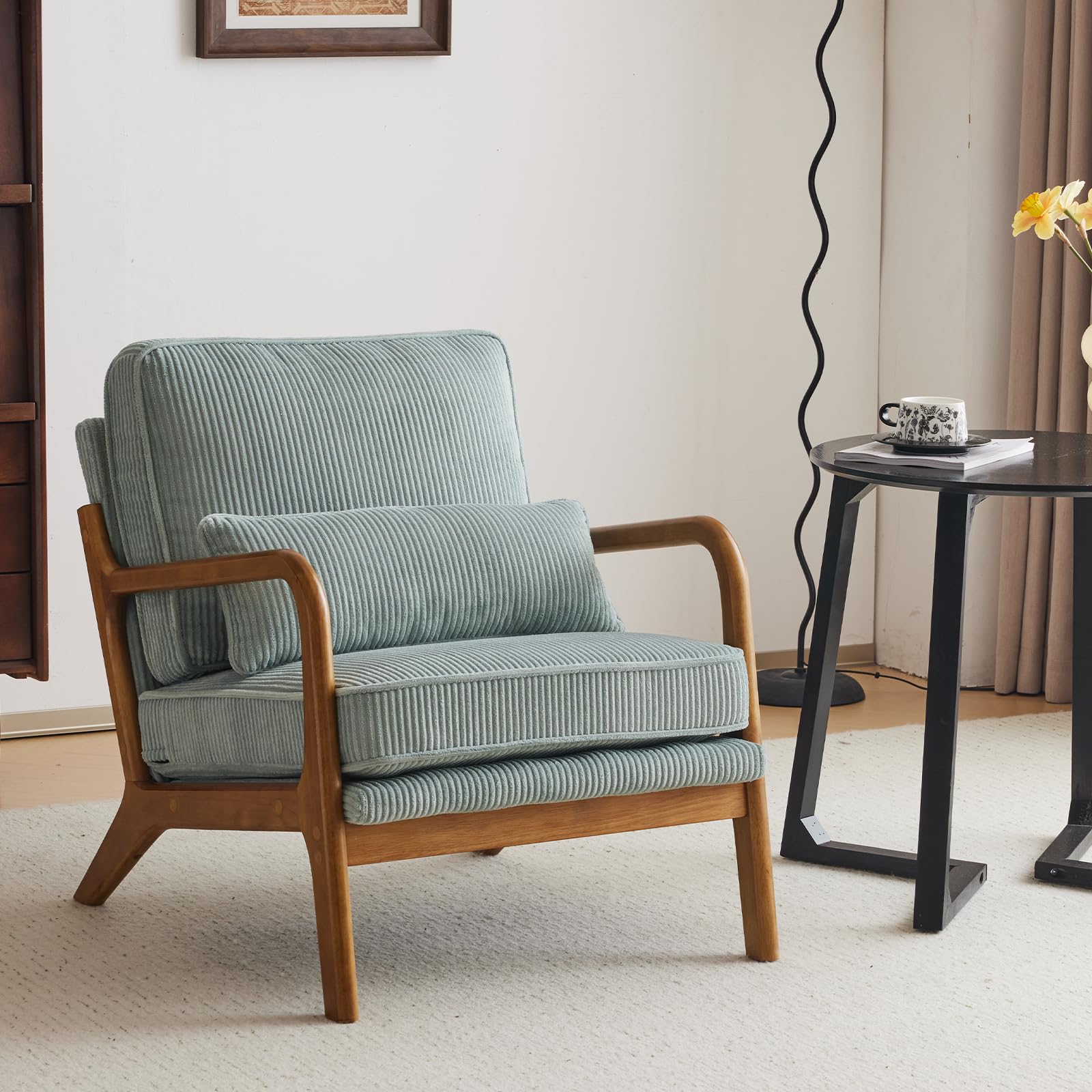 Karl home Mid-Century Modern Accent Chair, Living Room Chairs with Pillow Corduroy Upholstered Lounge Armchair with Solid Wood Frame & Soft Cushion