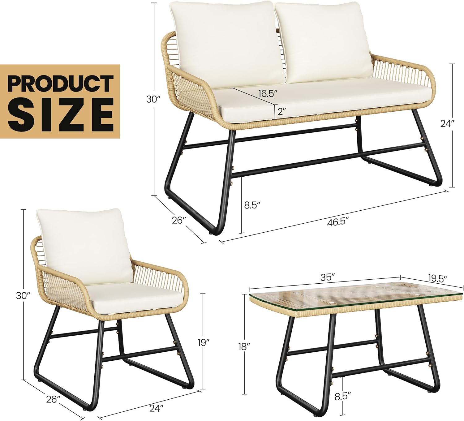 Diagram showing dimensions of the loveseat, armchair, and table.