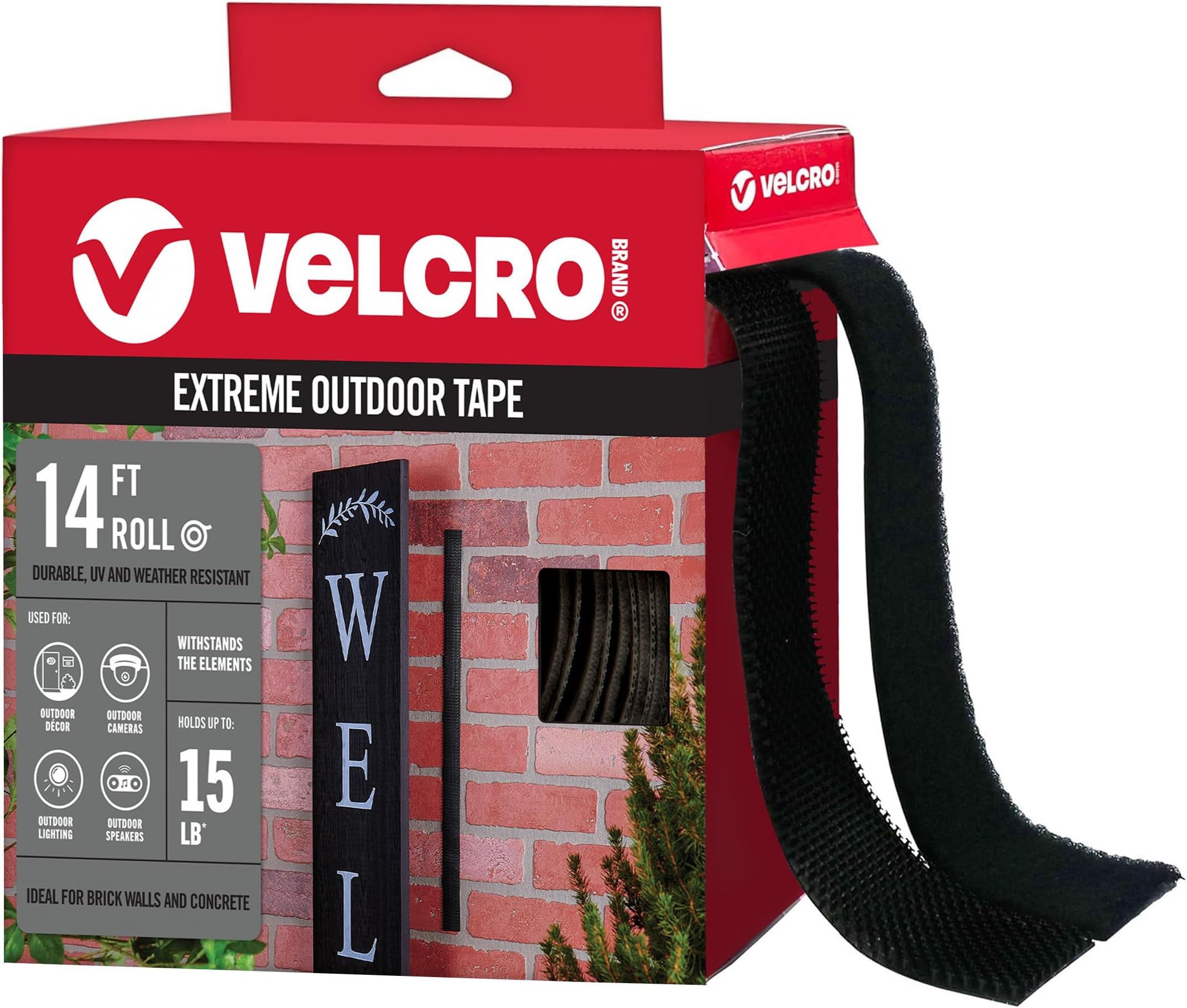 VELCRO Brand Extreme Outdoor Double Sided Mounting Tape Holds up to 15 Pounds on Brick or Other Rough Surfaces UV and Weather Resistant 14Ft Heavy Duty Roll