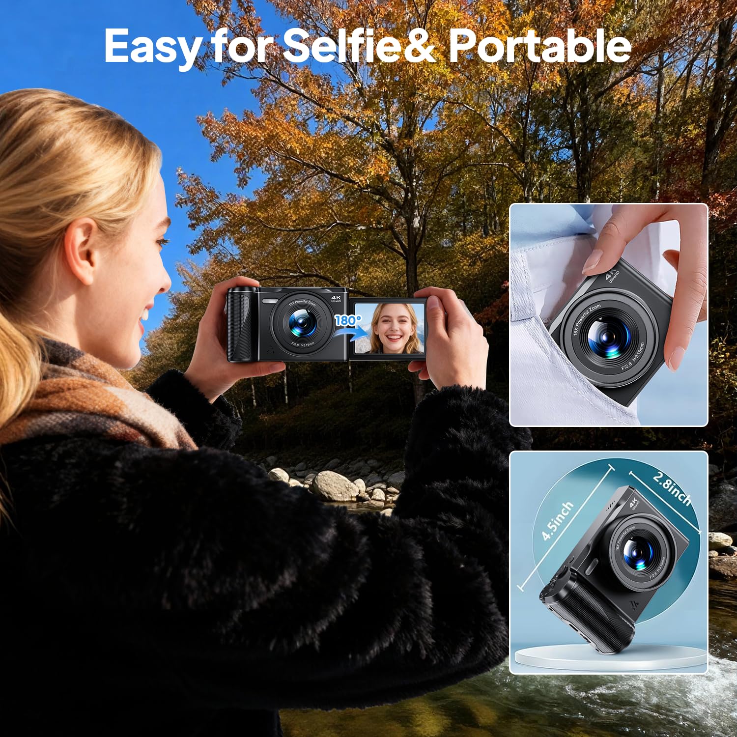 Appareil Photo Numérique 4K Digital, Focusinc 56MP Appareils Numérique avec Autofocus - Caméra Compact Vlogging Écran Rabattable 180°, Carte 32GB, Zoom 16X pour Débutants et Adolescents