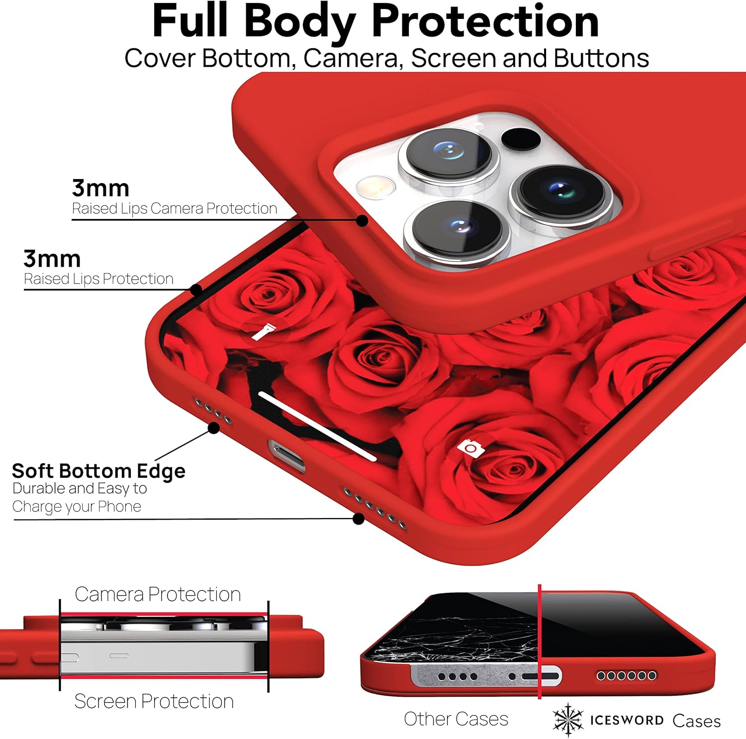 IceSword Compatible with iPhone 15 Pro Case - Liquid Silicone Slim Full Body Protective, Soft Anti-Scratch Red Cute Men Women Cool [Shockproof] 6.1 inch