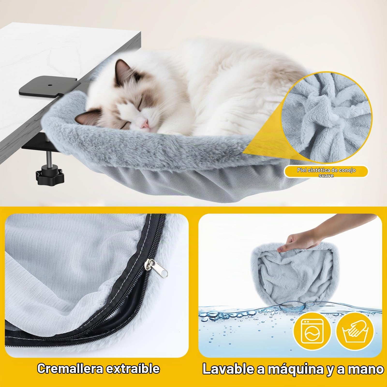 Cama de Escritorio para Gato Semicircular Plegable Hamaca Gris | Suave Pelo Sintético de Conejo, Ahorra Espacio, Extraíble Lavable a Máquina, Para Tableros 2-8cm de Grosor, Soporta 15kg