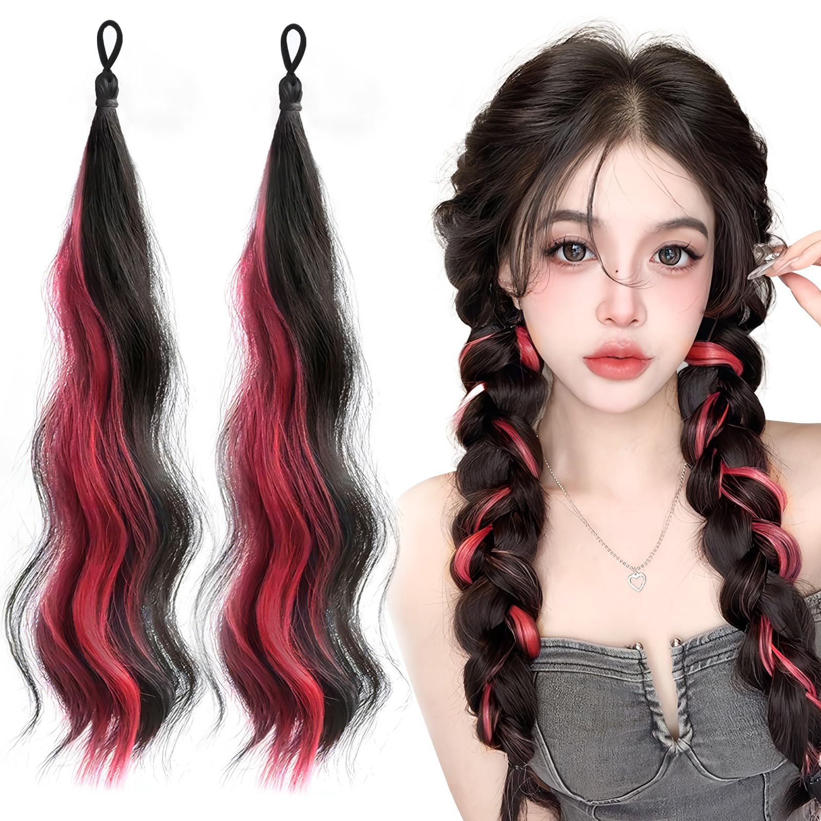 mefeny エクステ ヘアエクステ キッズ カラーエクステ 子供 ポニーテール ２本 メッシュ ロング カール 巻き髪 耐熱 ゴム付き レディース 三つ編み お団子 ダンス 赤