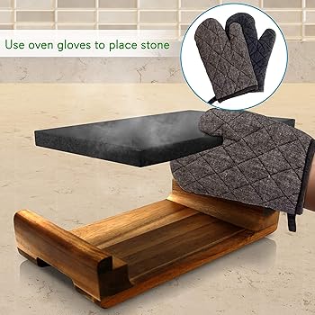 Nutrichef Hot Stone Grill/Food Serving Platter Set w/Acacia Wood Tray, Slab, Stainless Steel Knives-Lava Rock for Coo...