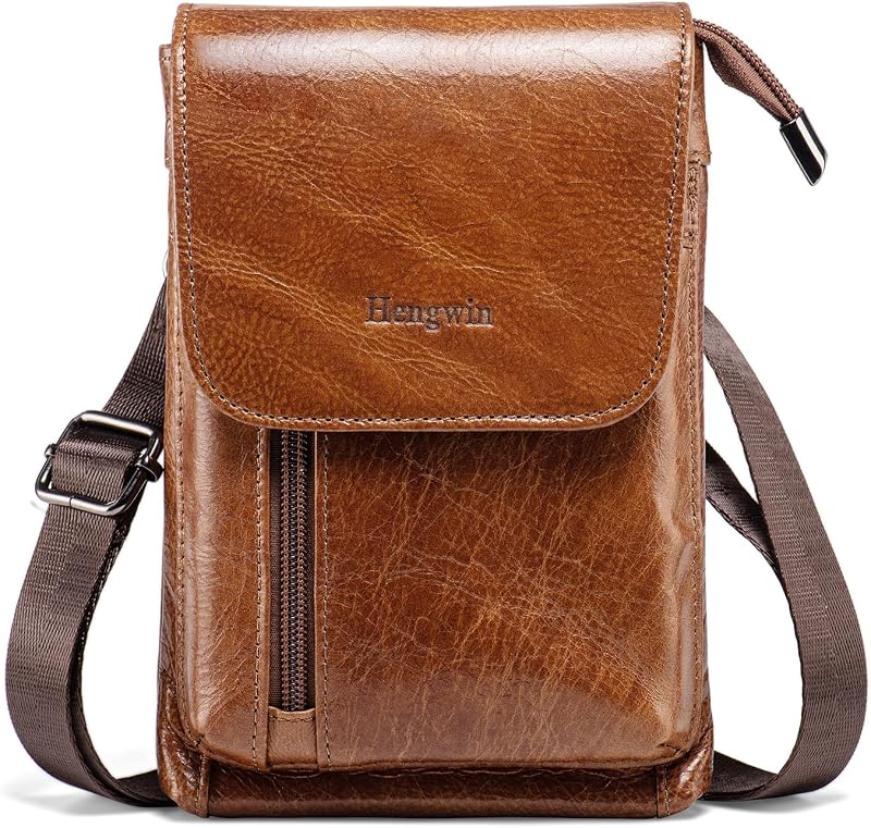 Genuine Leather Small Crossbody Bag for Men Women, Cellphone Belt Pouch Bag, Travel Passport Wallet, Shoulder Holster