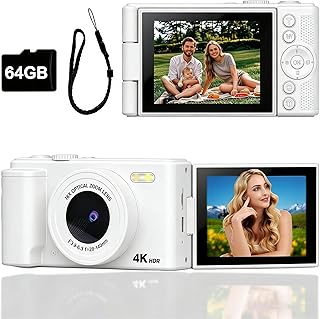 LucZeng Digital Camera 4K White - 64MP Autofocus Vlogging Camera for YouTube with 16X Digital Zoom, Anti-Shake &amp; 180° Flip Screen, 32 GB TF Card | Compact Travel Photography Camera for Beginners product image