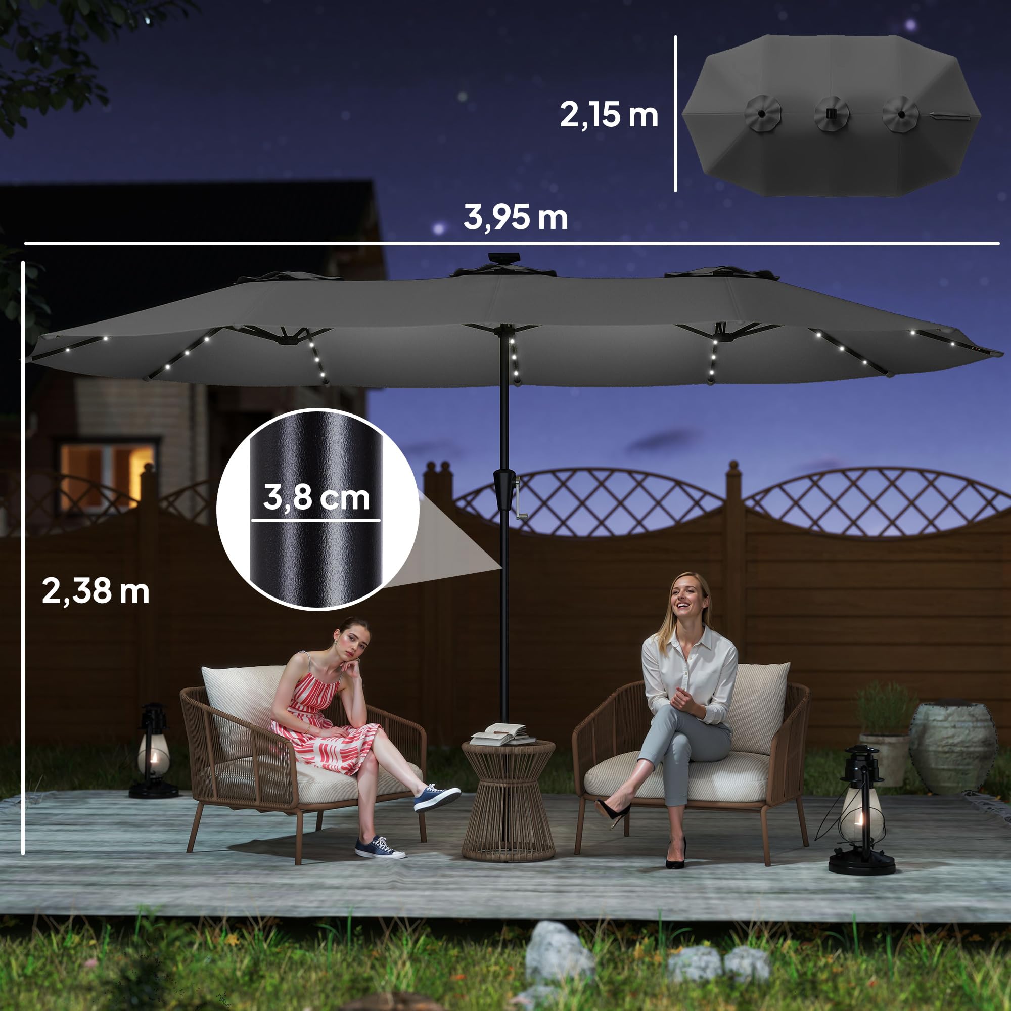 Outsunny Sombrilla Doble con 36 Luces LED Solares, 4x2 m, Sombrilla Terraza Exterior con Manivela, UPF50+, 12 Varillas, Resistente al Agua, Parasol para Jardín, Terraza, Patio — view 7