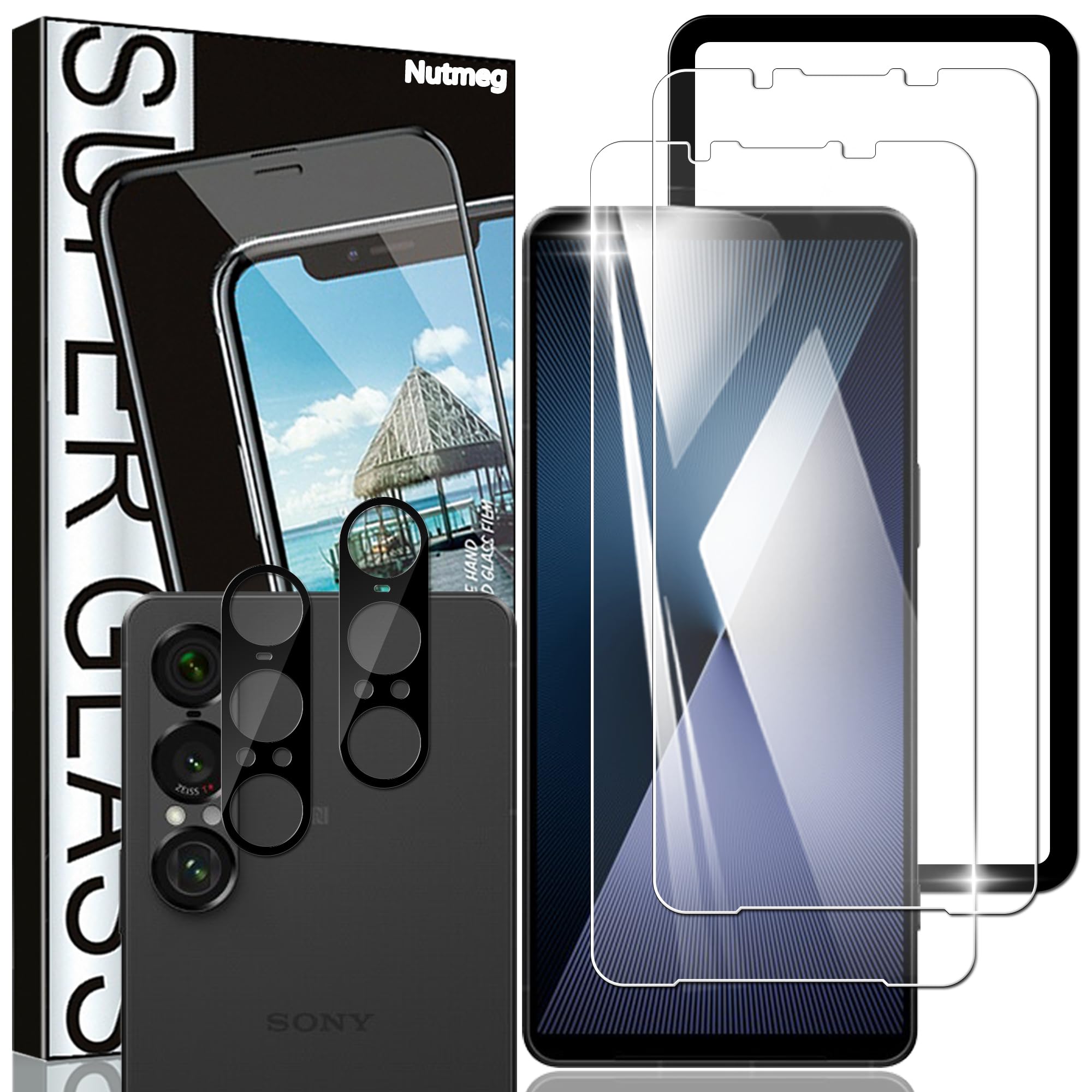 Nutmeg【ガイド枠付き 2枚＋2枚】Xperia 1 VII ガラスフィルム + Xperia 1 VII カメラフィルム【日本旭硝子素材製】SO-51F フィルム エクスペリア1 VII 保護フィルム 強化ガラス 衝撃吸収 指紋防止 硬度9H 飛散防止 撥水撥油 干渉しない 貼り付け簡単