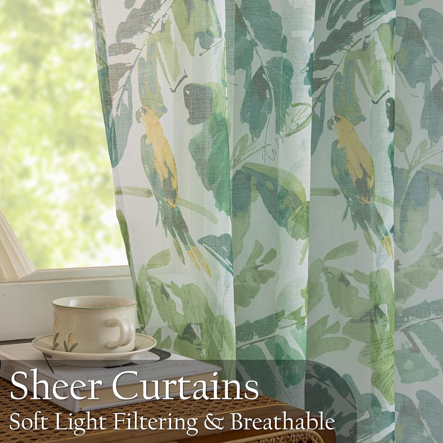 Green Sheer Curtains 84 Inches Long for Living Room,Spring Leaf Vines Bird Patterned Farmhouse Light Filtering Faux Linen Curtains for Cottage Core Home Decor 2 Panels,Each 50 Inch Wide