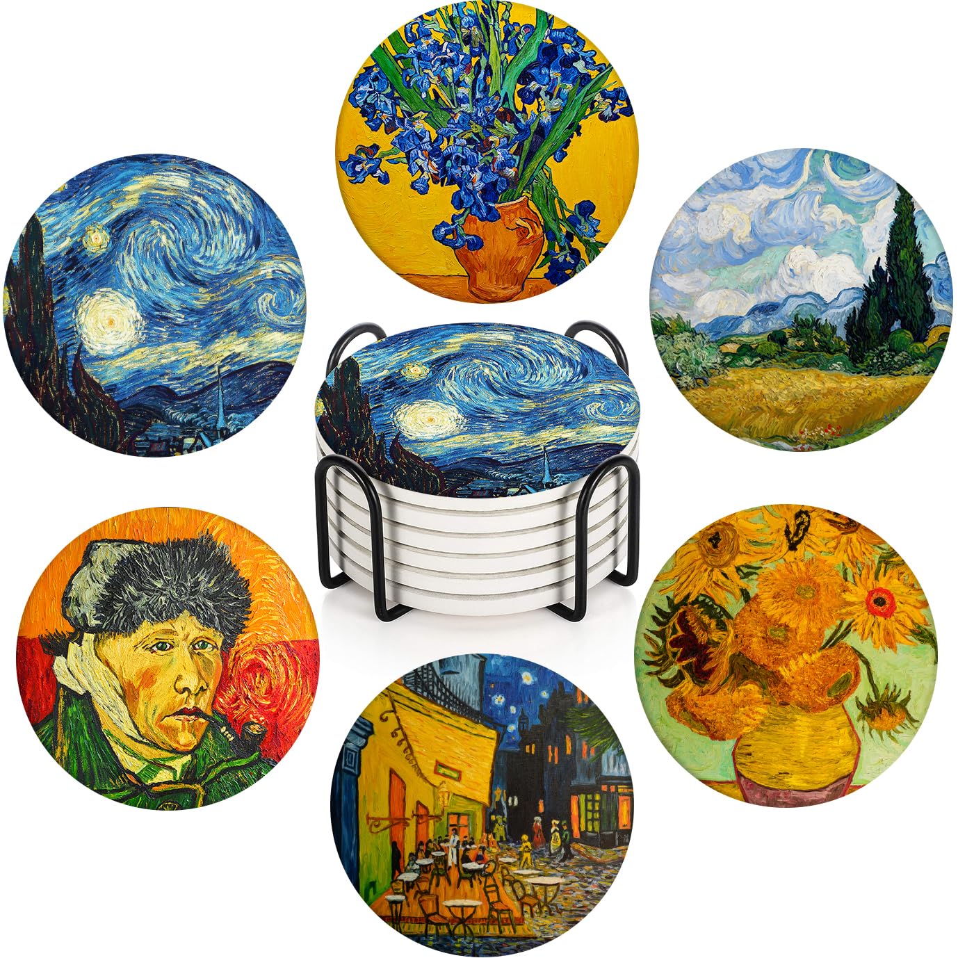 Bribay Coaster for Drinks Set of 6, Painting Cafe House Colorful Absorbent Round Ceramic Stone Mat, with Cork Base and Metal Holder, Gift for