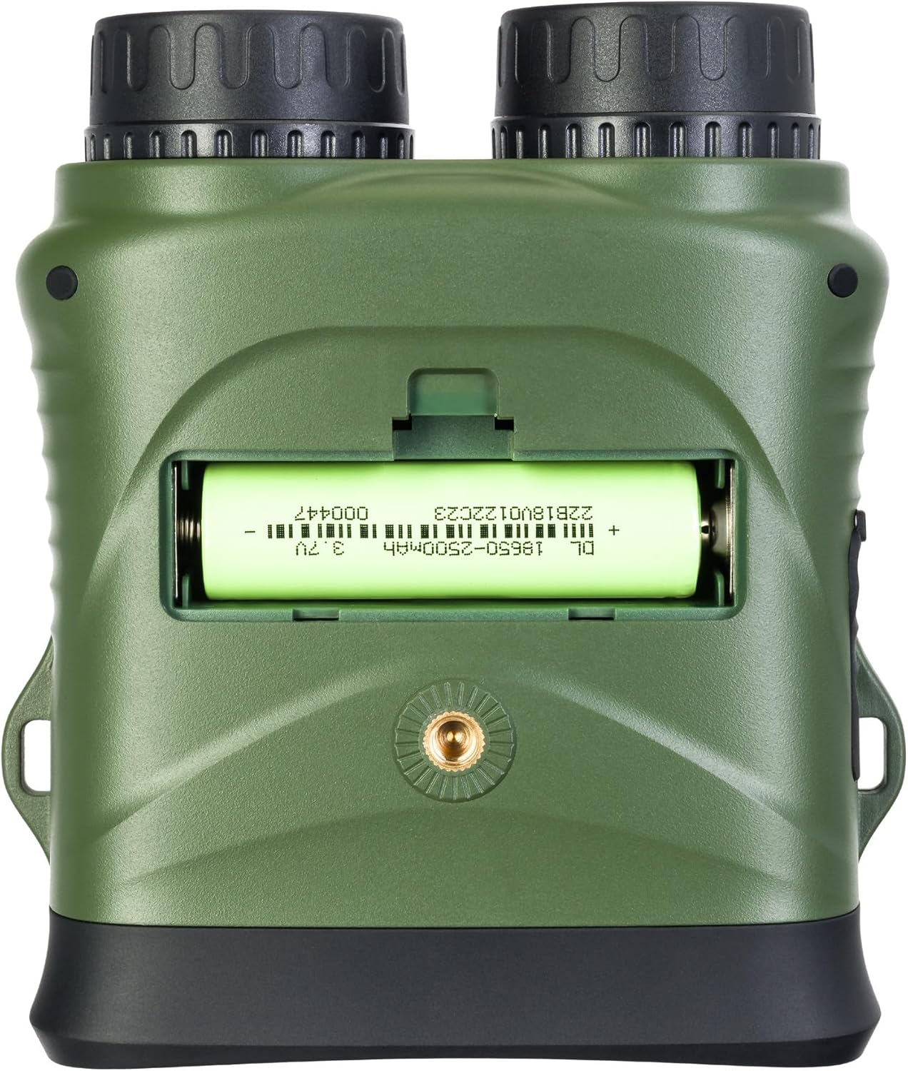 Bag view of LEVENHUK Atom DNB200 Digital Night Vision Binoculars with open battery compartment showing an 18650 battery