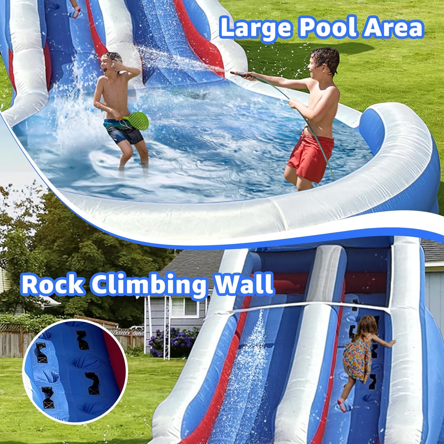 22.5FT Commercial Grade Water Slide for Kids, PVC Inflatable Water Slides with Big Airtight Splash Water Pool, Bounce Slide for Party Fun (Blue+White)
