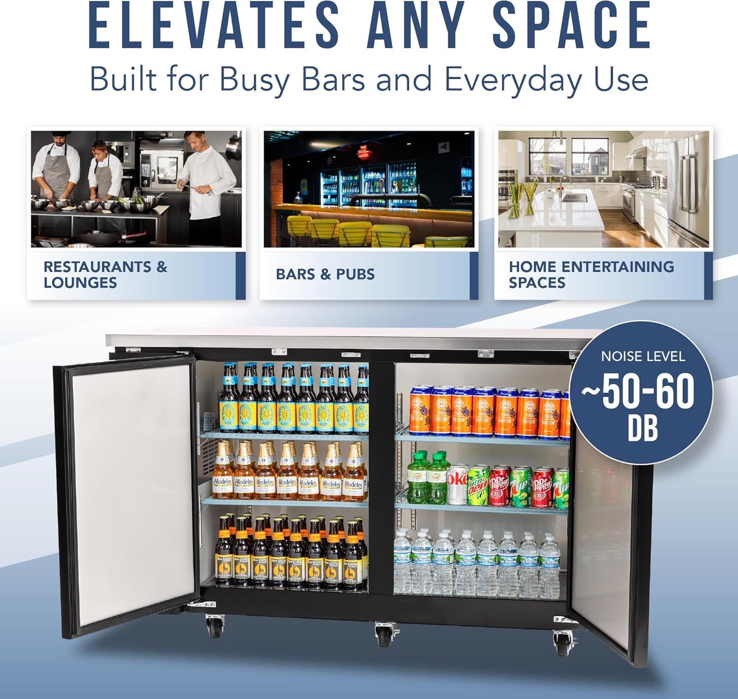 PEAKCOLD 2-Door Counter Height Beverage Refrigerator - 61" Wide Energy Efficient Solid Black Beer Cooler & Bar Fridge With White LED Lighting - Commercial Back Bar Cooler