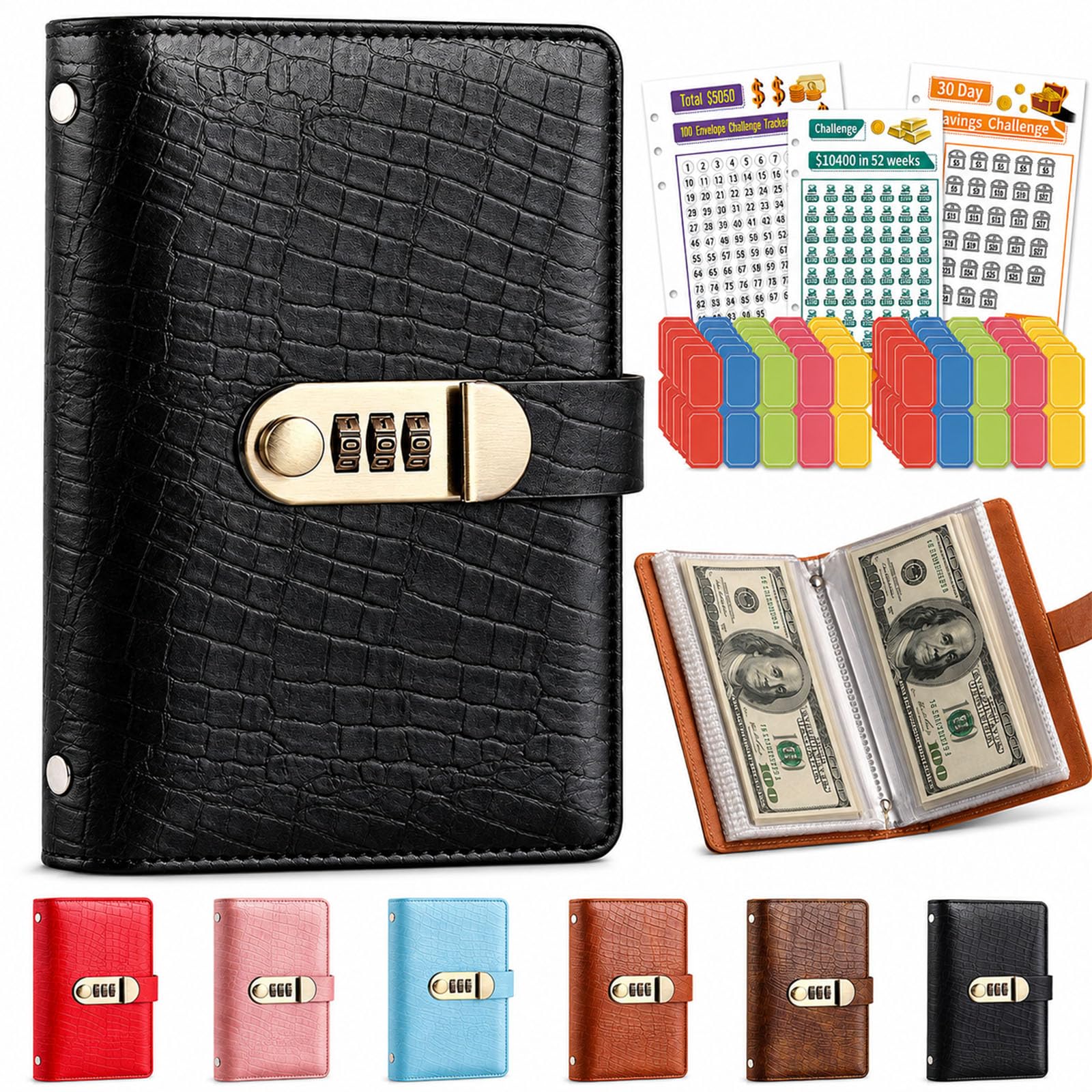 100 Envelope Savings Challenge Book, Money Saving Book Binder with Password Lock, Lockable Savings Notebook for Cash Budgeting, Personal Finance Planner for Adults, Build Saving Habits Reach Goal