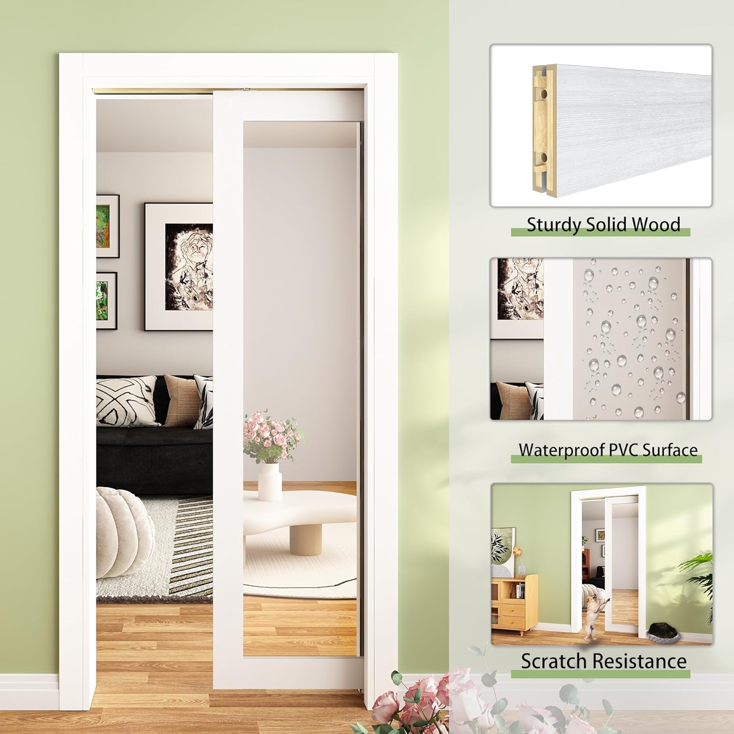 JUBEST 64"x80" Double Pocket Door, 2 Sets of 32"x80" Mirrored Sliding Pocket Door