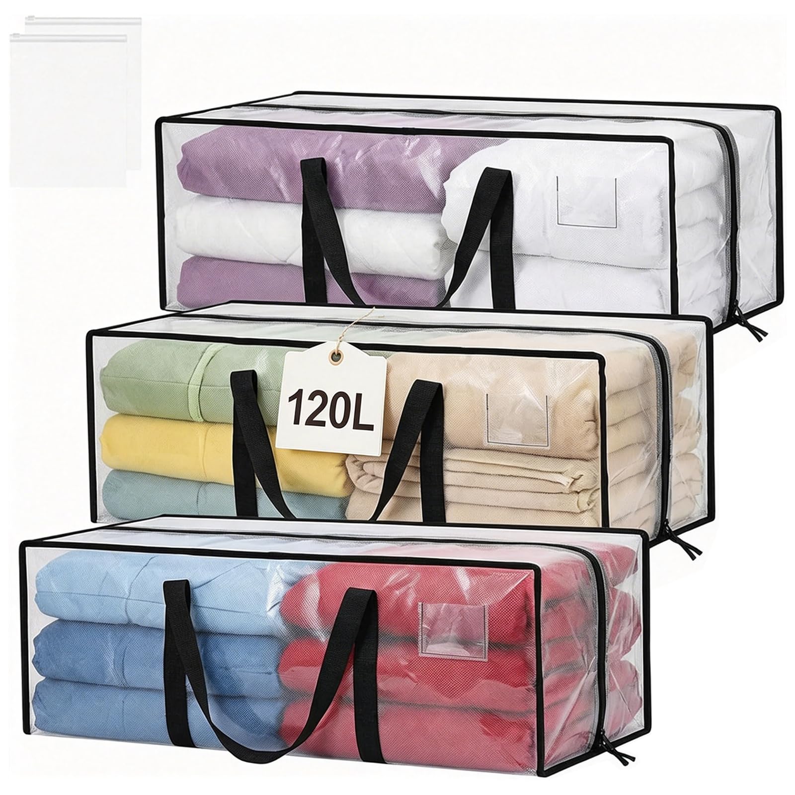 3 Pack 120L Moving Bags, Clear Waterproof Storage Bag with Tag Window, Heavy Duty Moving Totes Large Clothes Storage Boxes with with Zips for Clothes Bedding Travelling Camping Christmas Decoration