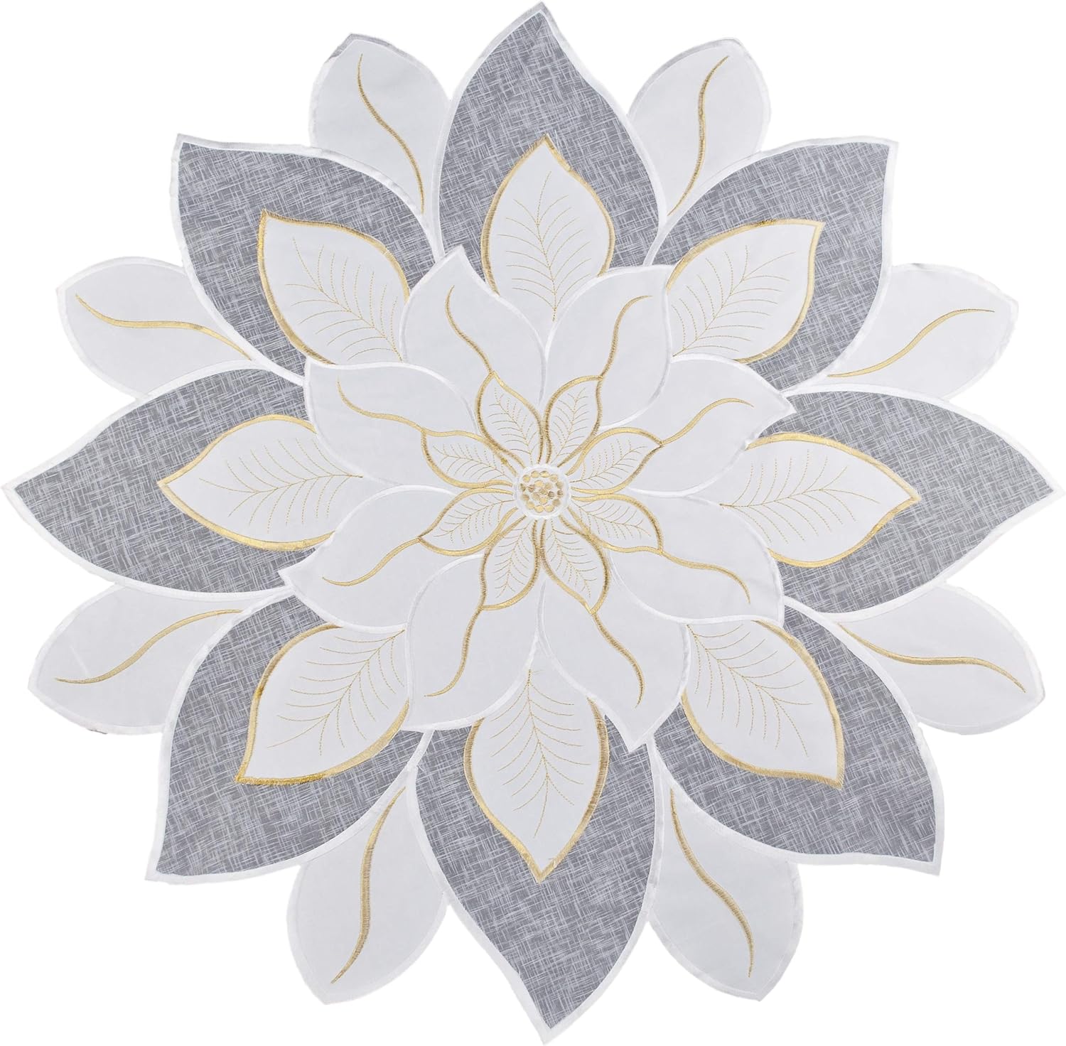 Embroidered Holiday Christmas White and Gold Star Poinsettia Doily Place Mat Small Table Topper (23 Inch Round)