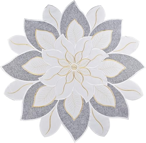 Tapete de mesa bordado de Navidad blanco y dorado con estrella de Pascua (23 pulgadas, redondo) disponible en Yaxa Peru