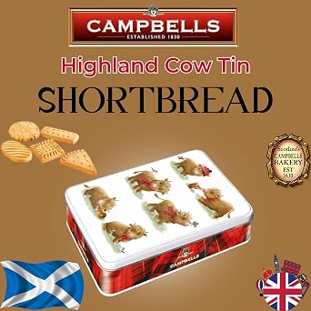 Campbells Shortbread Cute Highland Cow Assorted Cookies Tin 5.3 Oz (150g) - Pure Butter Scottish Shortbread Cookies from Scotland, British Tea Biscuits & Snacks, Cookie Assortment Gift Tin