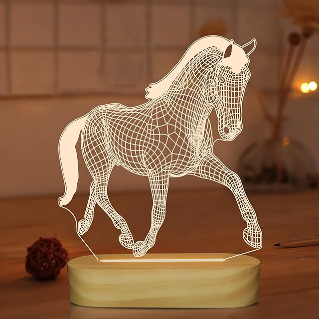 Lightzz Horse Gifts for Girls Women,3D Illusion Lamp Horse Night Light with Soft Warm White Colors for Kids Boys Room Decor,LED Wooden Base Desk Table Lamp
