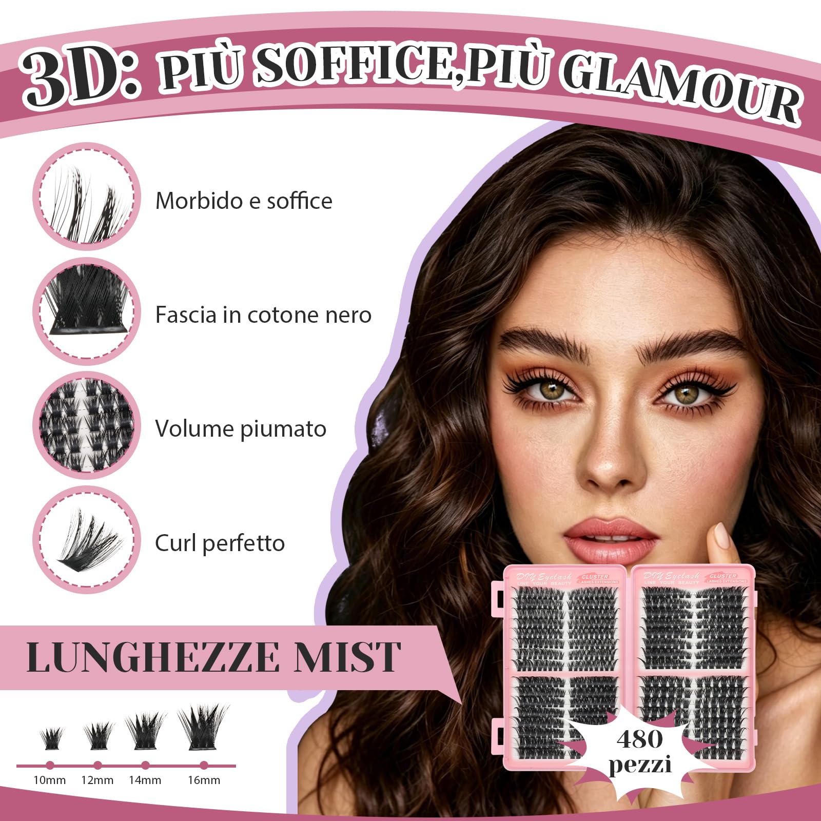 VEGCOO Ciglia Finte Ciuffetti 480 Pezzi, 60+100+120+150D Ciuffetti Ciglia Finte, Kit Extension Ciglia 10-16mm Volume Cluster Lashes con Accessori per Principianti ed Esperte