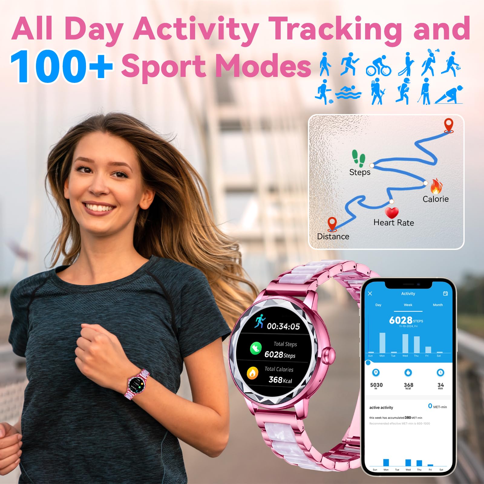 Smartwatch Mujer, 1.2" Reloj Inteligente Mujer con Llamadas Bluetooth y Whatsapp Notificación, 100+ Deportivos Modos Smart Watch con Monitor Sueño, Smartwatch Impermeable para Android iOS