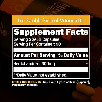 Benfotiamine 300mg - Benfotiamine b1-180 Capsules (3 Months Supply) - Vegan, Non-GMO, Gluten-Free | Vitamin B1 (Thiamine) Derivative Vegan Gluten Free Non-GMO 3 Month Supply Independently 3rd Party Tested