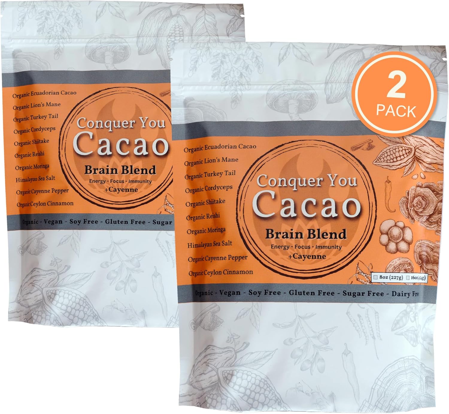 Cayenne, Organic Mushroom Hot Chocolate Drink, Gourmet Blend of Lions Mane, Cordyceps, Reishi, Moringa, & Turkey Tail with Cacao, Cinnamon & Sea Salt, Pack of 2