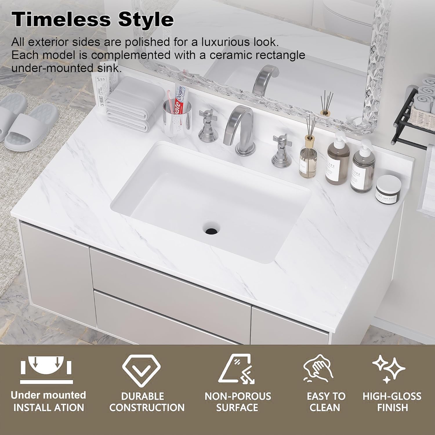 37" Bathroom Vanity Top with Ceramic Undermount Sink & Backsplash, Sintered Stone Counter Top, 3 Holes Marble Vanity Sink Top (Elegant White)