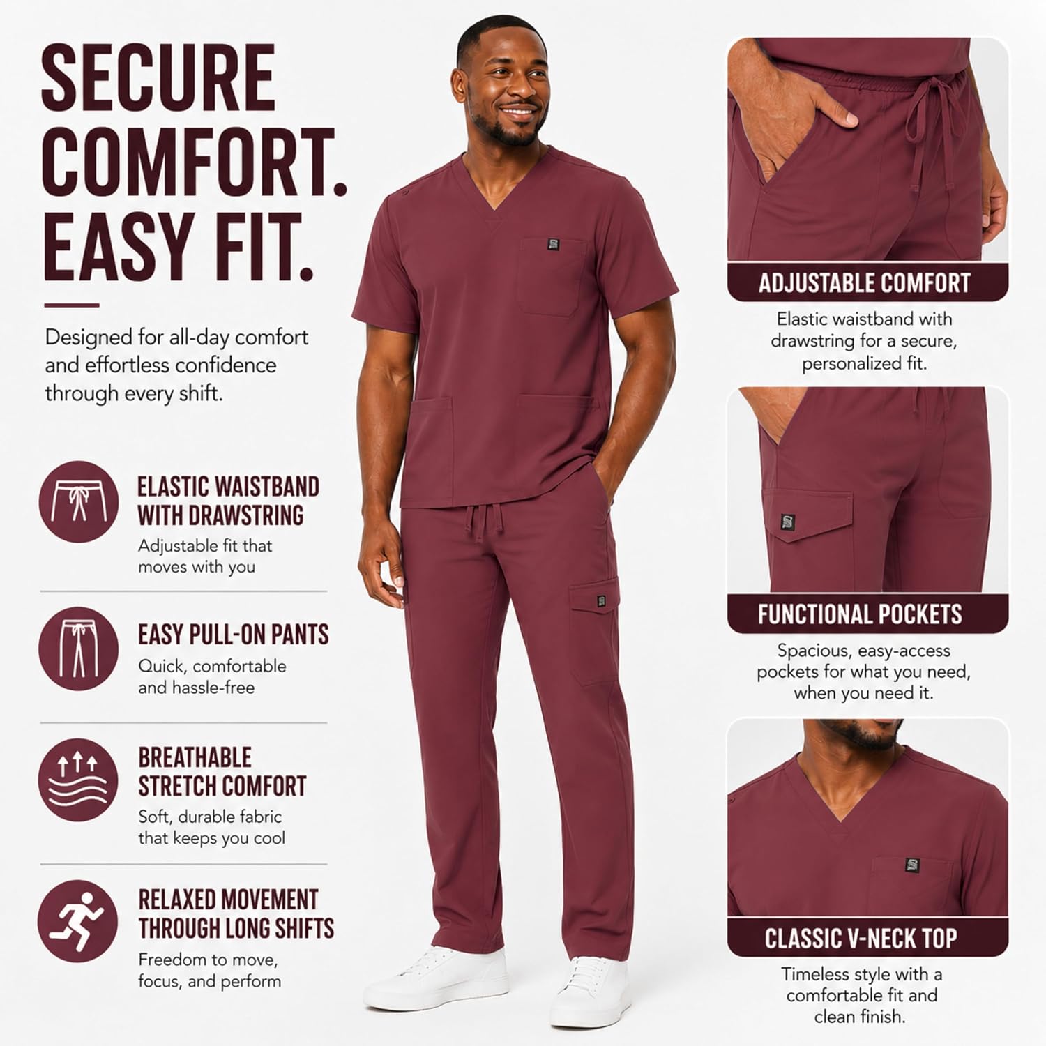 M&M SCRUBS Men's Scrub Set V-Neck Scrub Top & Cargo Pant with 9 Pockets