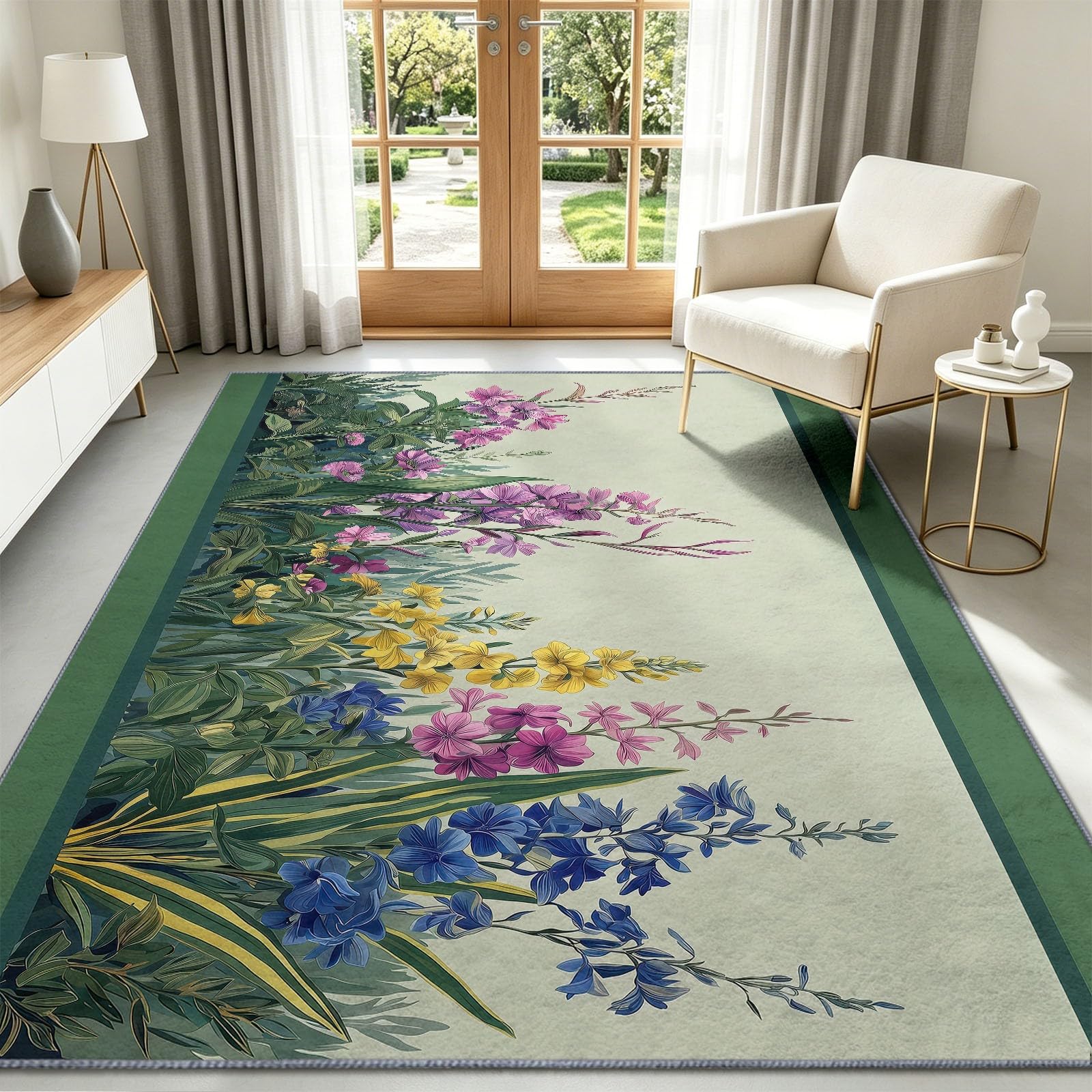 Tappeto con fiori e foglie, 80 x 150 cm, per camera da letto, con piante ad acquerello, morbido, antiscivolo, lavabile, per soggiorno, sala da pranzo, ingresso, interni